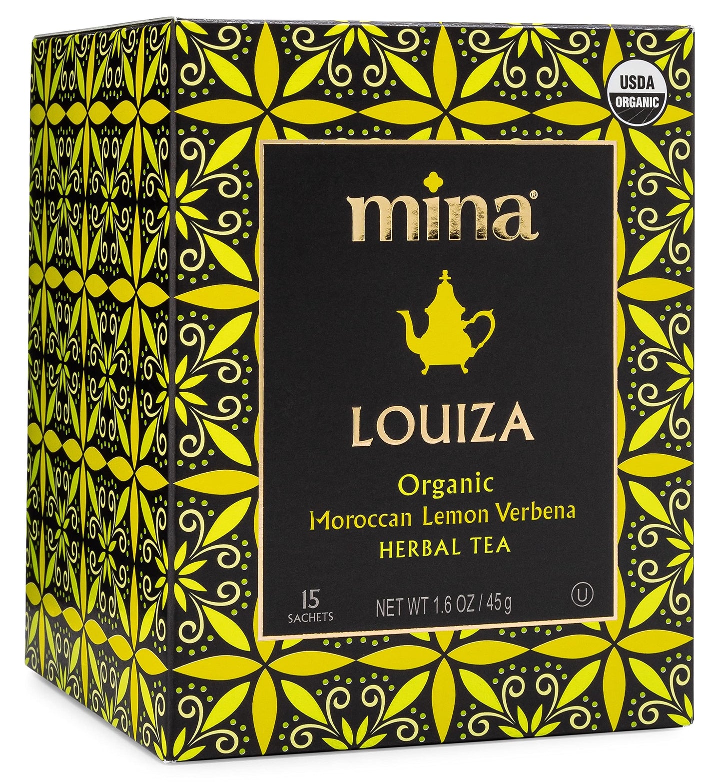 Mina Louiza, Organic Moroccan Lemon Verbena Tea, Organic Herbal Tea Bags, 15 Biodegradable Sachets, Refreshing Lemon Tea, Caffeine Free, Moroccan