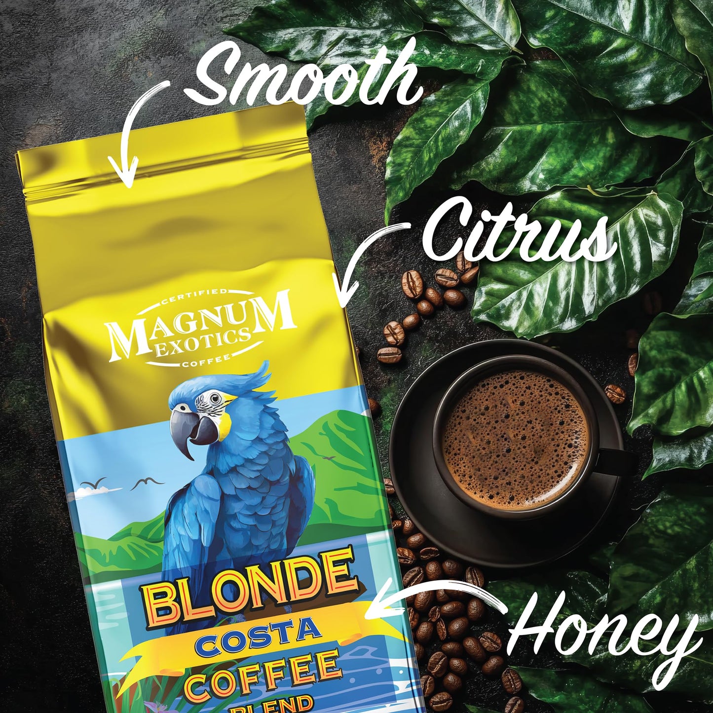 Magnum Exotics Coffee Blonde Costa Blend - Light Roast, Whole Bean Coffee, Made from 100% Arabica Beans, Rich & Smooth Flavor, Fresh Roast - 12 Oz Bag
