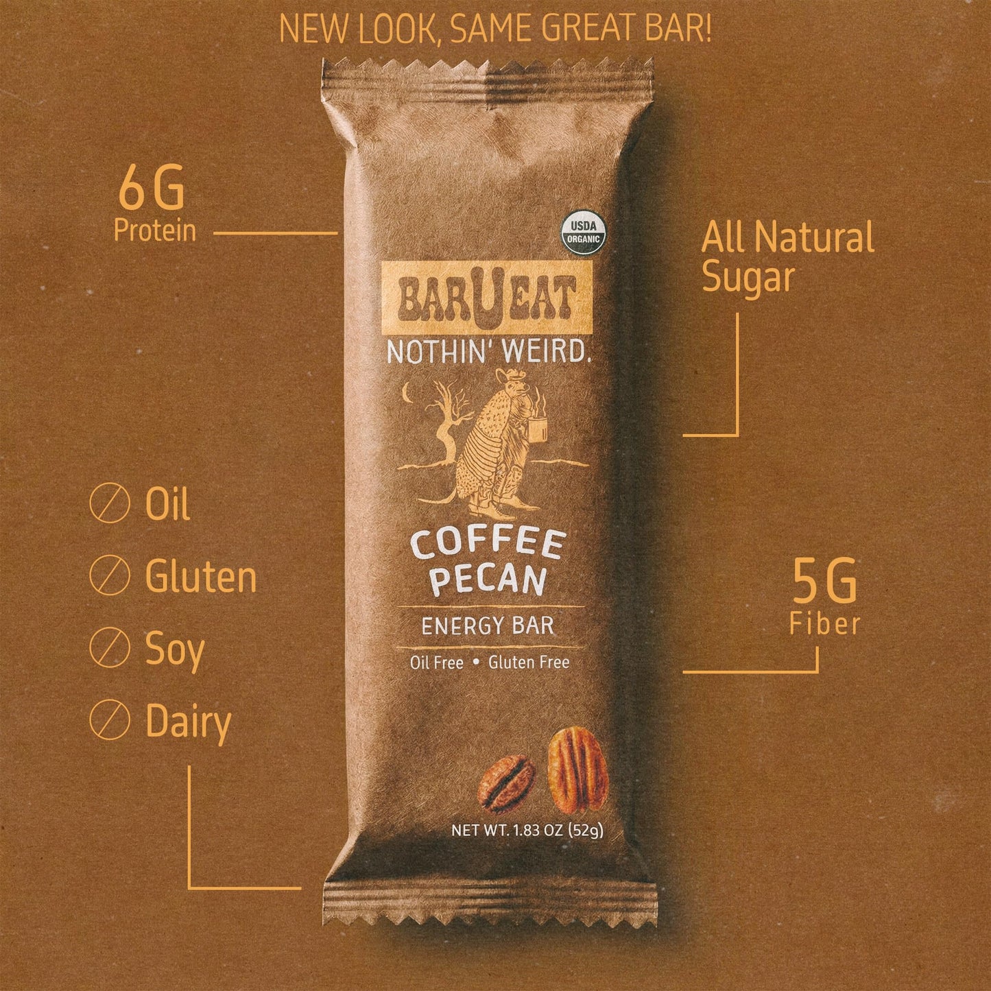 BAR U EAT Gluten-Free, High Fiber, Energy Bar. Real Food Ingredients | Oil Free | Organic | No Artificial Sugar | Healthy Snacks (Coffee Pecan 12