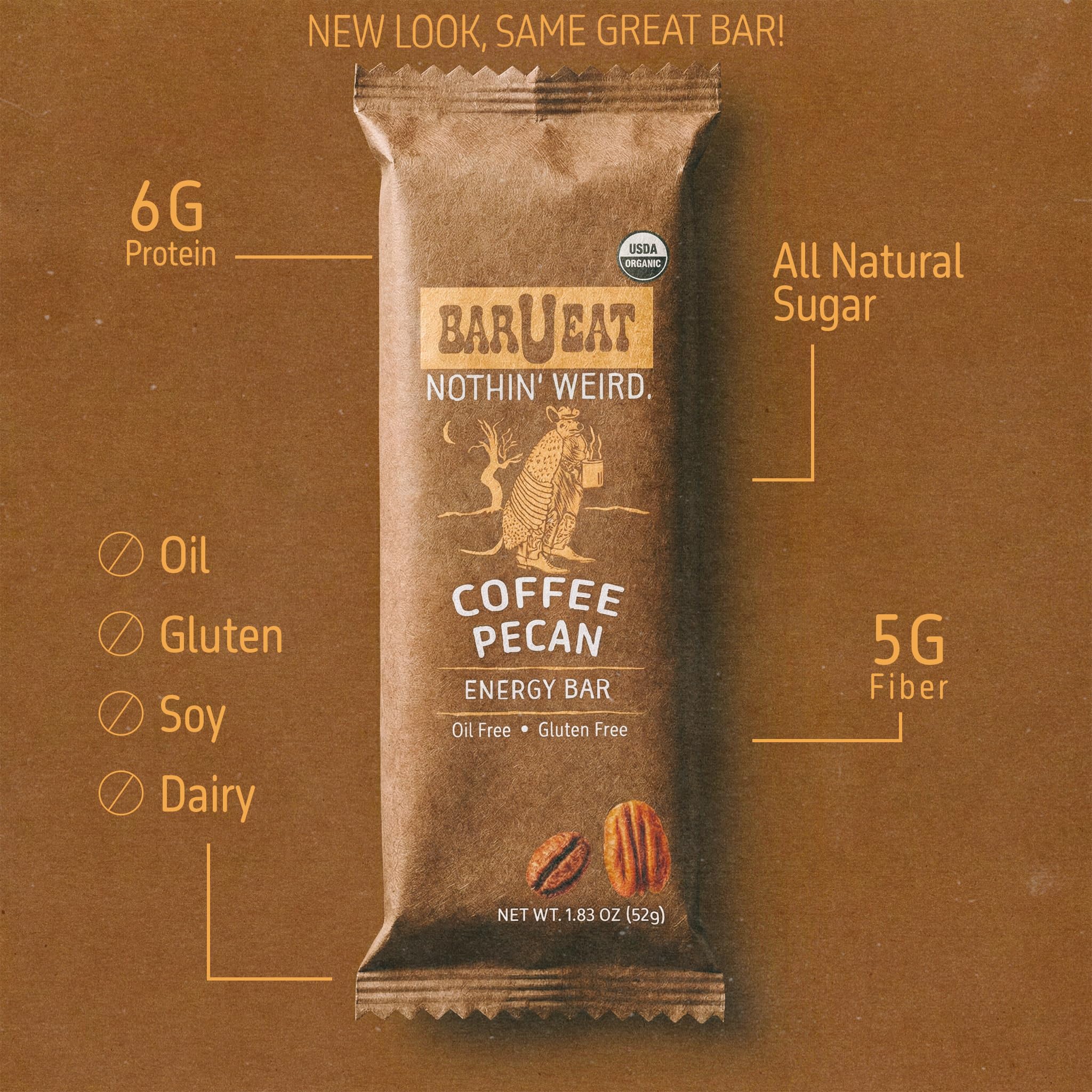 BAR U EAT Gluten-Free, High Fiber, Energy Bar. Real Food Ingredients | Oil Free | Organic | No Artificial Sugar | Healthy Snacks (Coffee Pecan 12