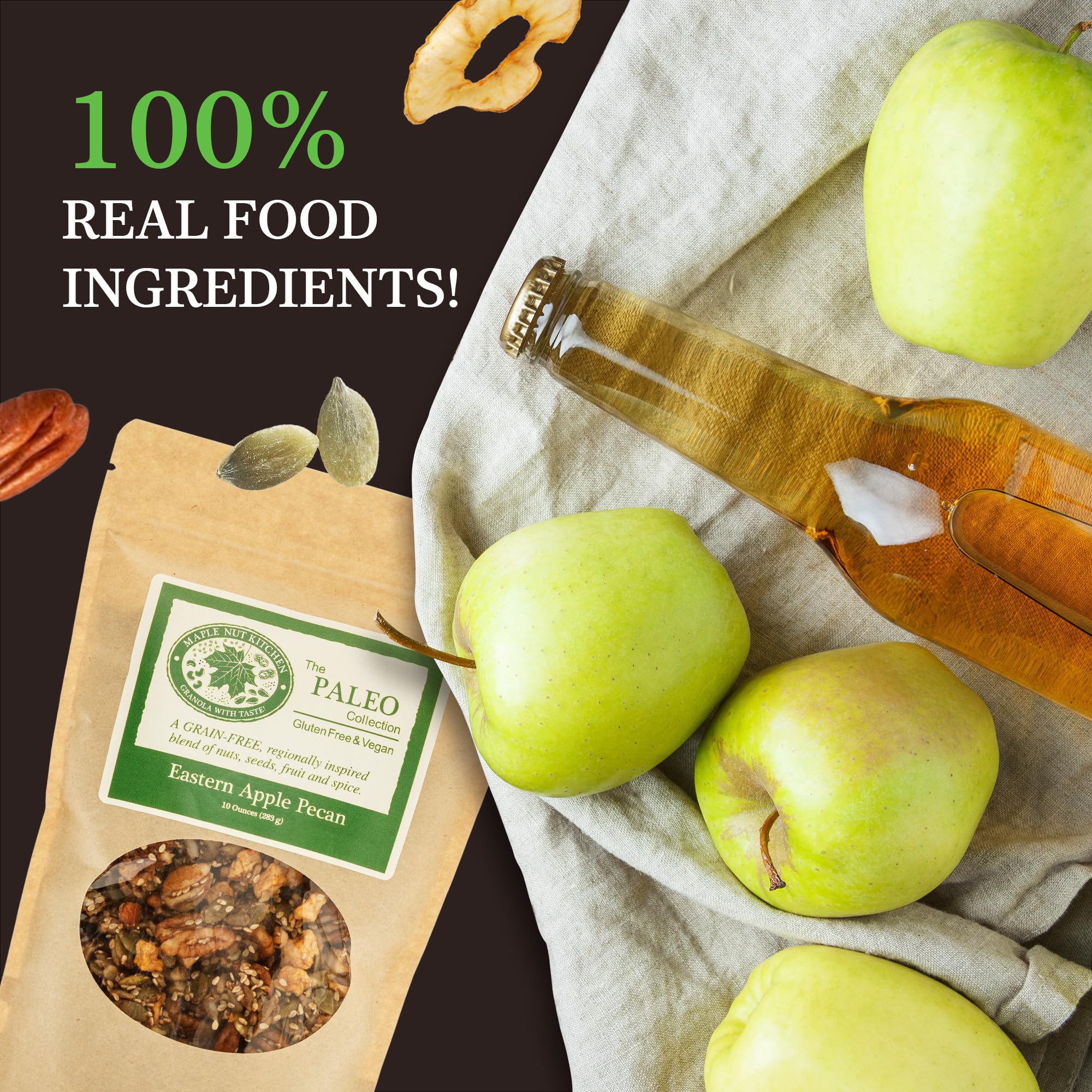Maple Nut Kitchen Eastern Apple Pecan Paleo Granola 3 Pack - Grain Free, Vegan, Gluten Free, No Sugar Added, Low Carb Granola with Pecans, Pumpkin