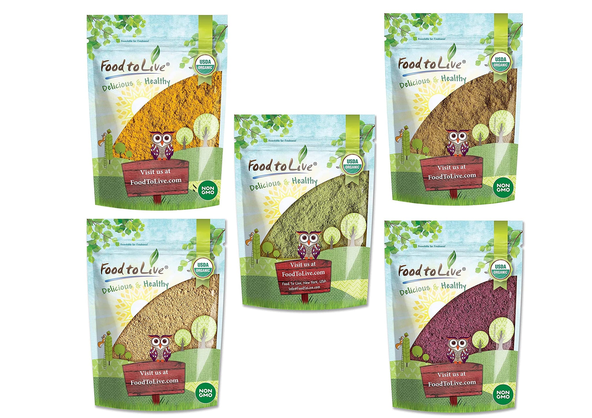 Food to Live Organic Essential Powders Gift Box - Unique Set with Organic Turmeric, Ginger, Garlic, Elderberry, and Broccoli Powders. Great Immunity