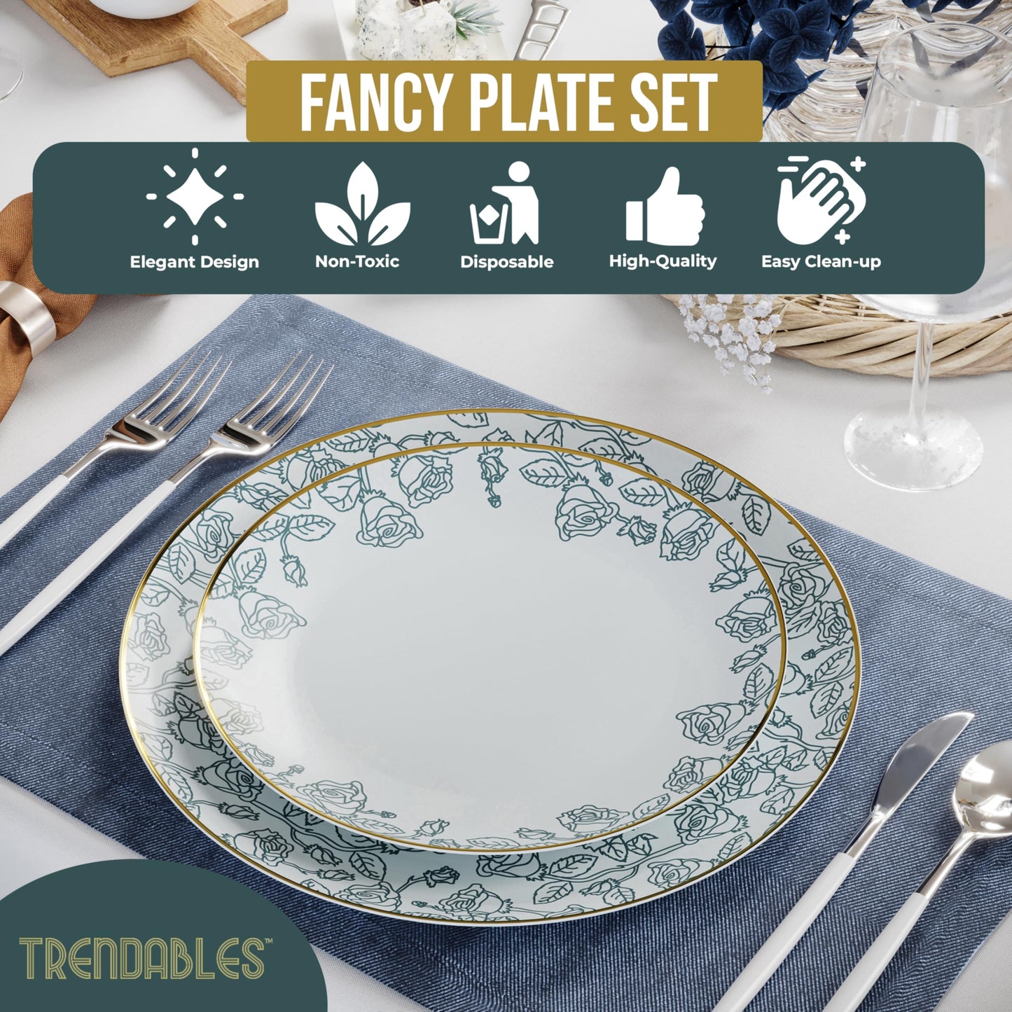Trendables 40-Piece Plastic Disposable Plates Set For 20 Guests | 8" & 10" Dessert & Dinner Floral Plates | Wedding Ready
