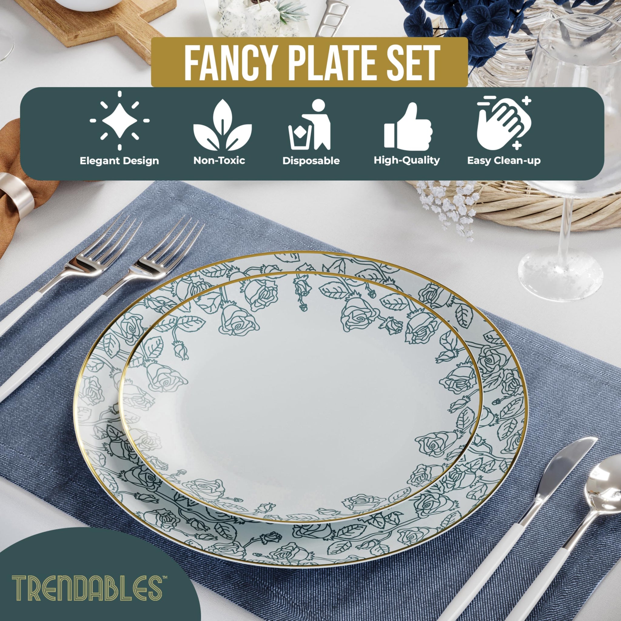 Trendables 40-Piece Plastic Disposable Plates Set For 20 Guests | 8" & 10" Dessert & Dinner Floral Plates | Wedding Ready