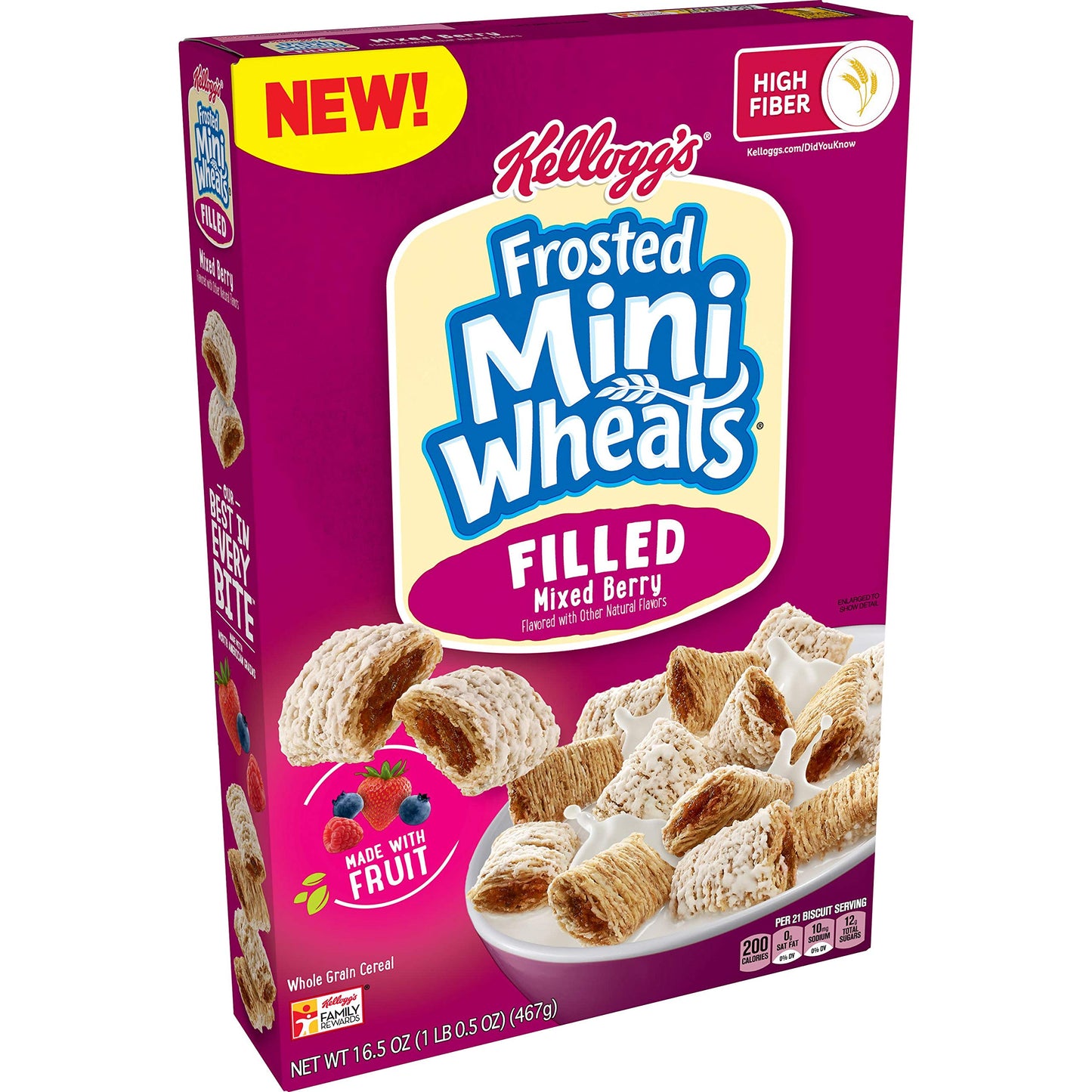 Kellogg's Frosted Mini-Wheats Filled, Breakfast Cereal, Mixed Berry, 16.5oz Box