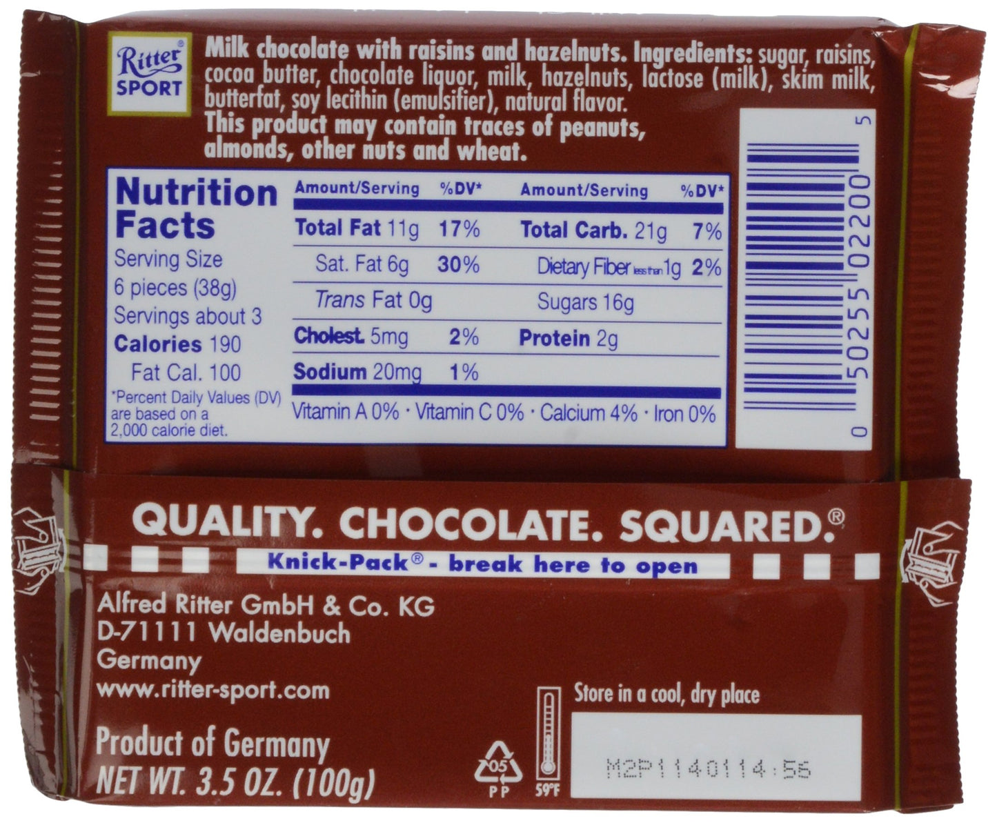 Ritter Sport, Raisin & Hazelnut Chocolate Bar, 3.5 oz
