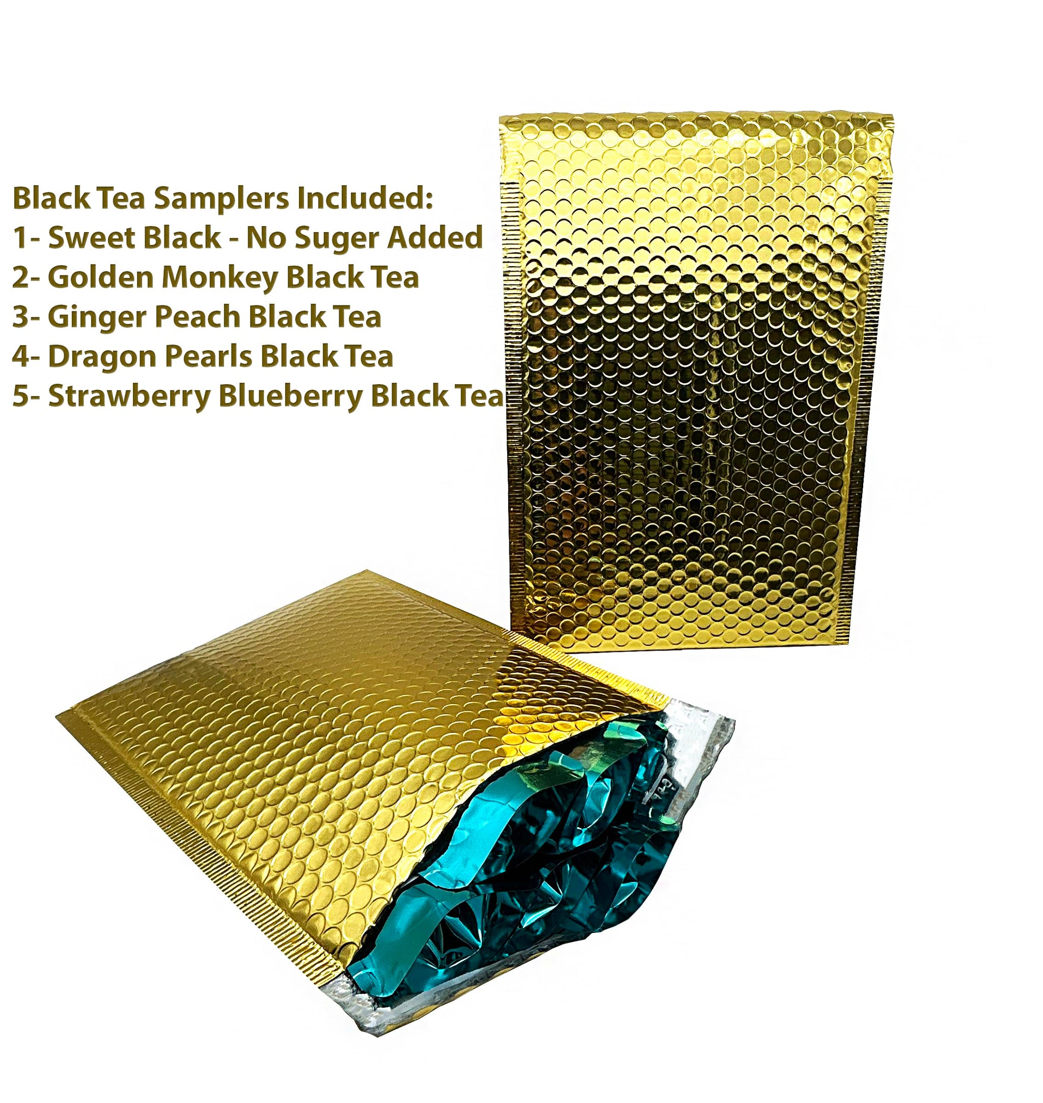 5 Black Tea Samplers, Caffeinated, Sweet Black Tea (No Sugar Added), Dragon Pearls Tea, Golden Monkey Tea, Ginger Peach Tea, Strawberry Blueberry Tea