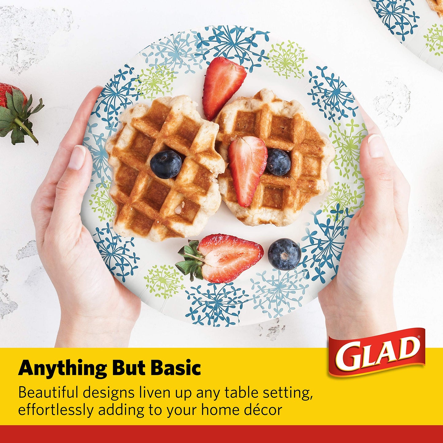 Glad Everyday Round Paper Plates, Blue Hydrangea Print Disposable Dinner Plates for Meals and Parties, Soak Proof and Cut Resistant, Microwave Safe