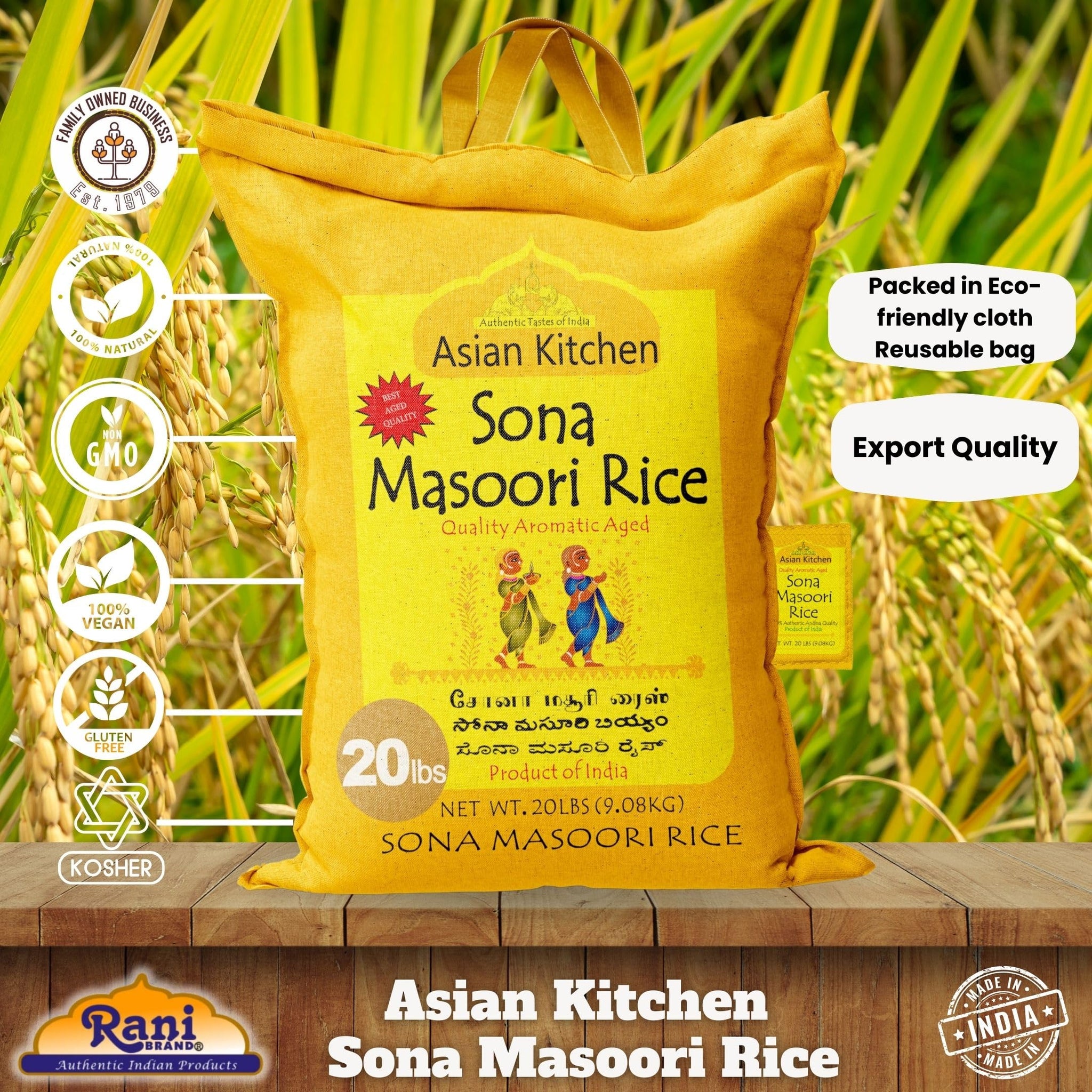 Asian Kitchen White Sona Masoori Aged Rice 20-Pound Bag, 20lbs (9.08kg) Short Grain Rice ~ All Natural | Gluten Friendly | Vegan | Kosher | Indian