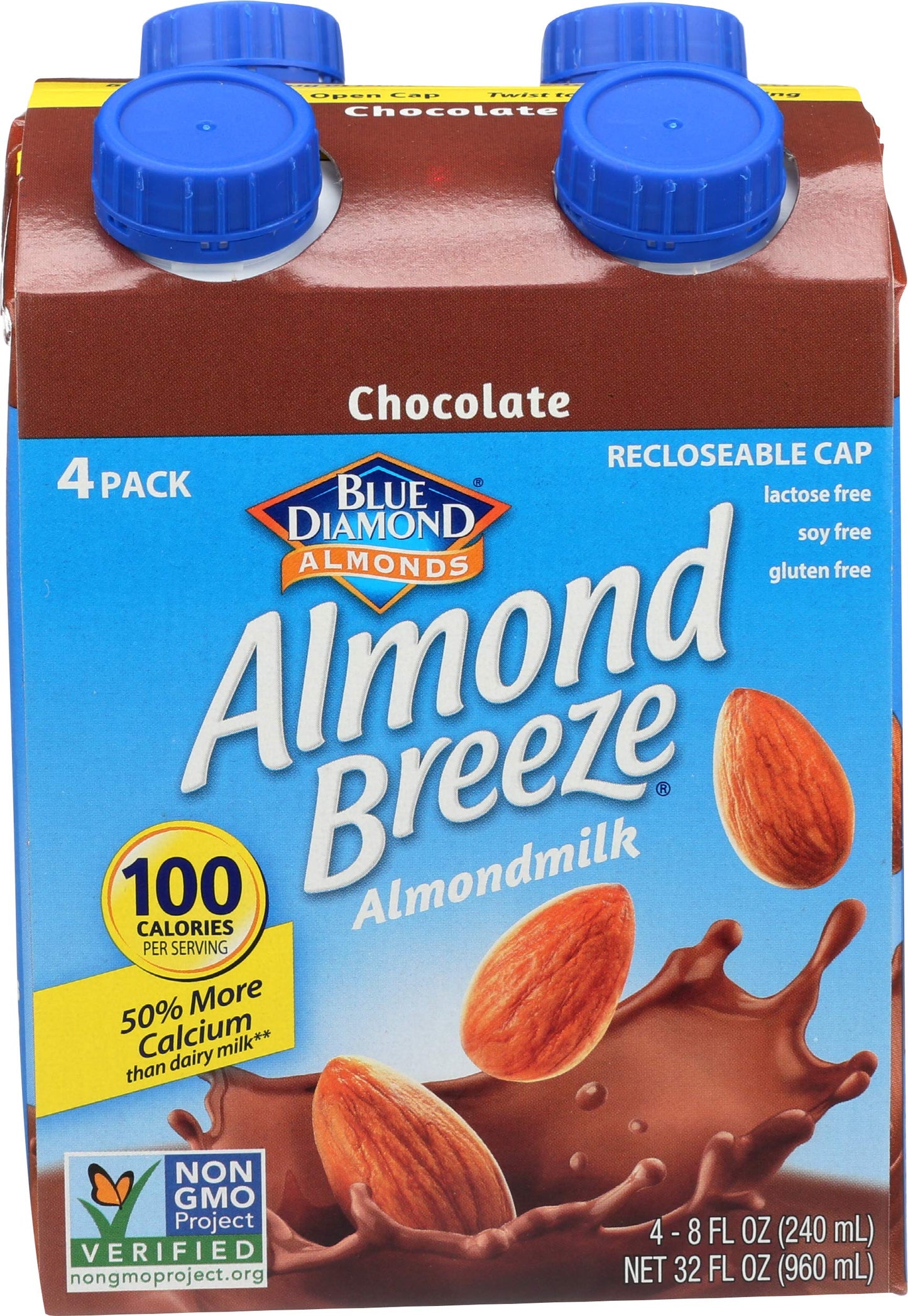 BLUE DIAMOND ALMOND BREEZE CHOCOLATE MILK SUBSTITUTE LACTOSE FREE CARTON TWIST CAP IN BOX 32 OZ