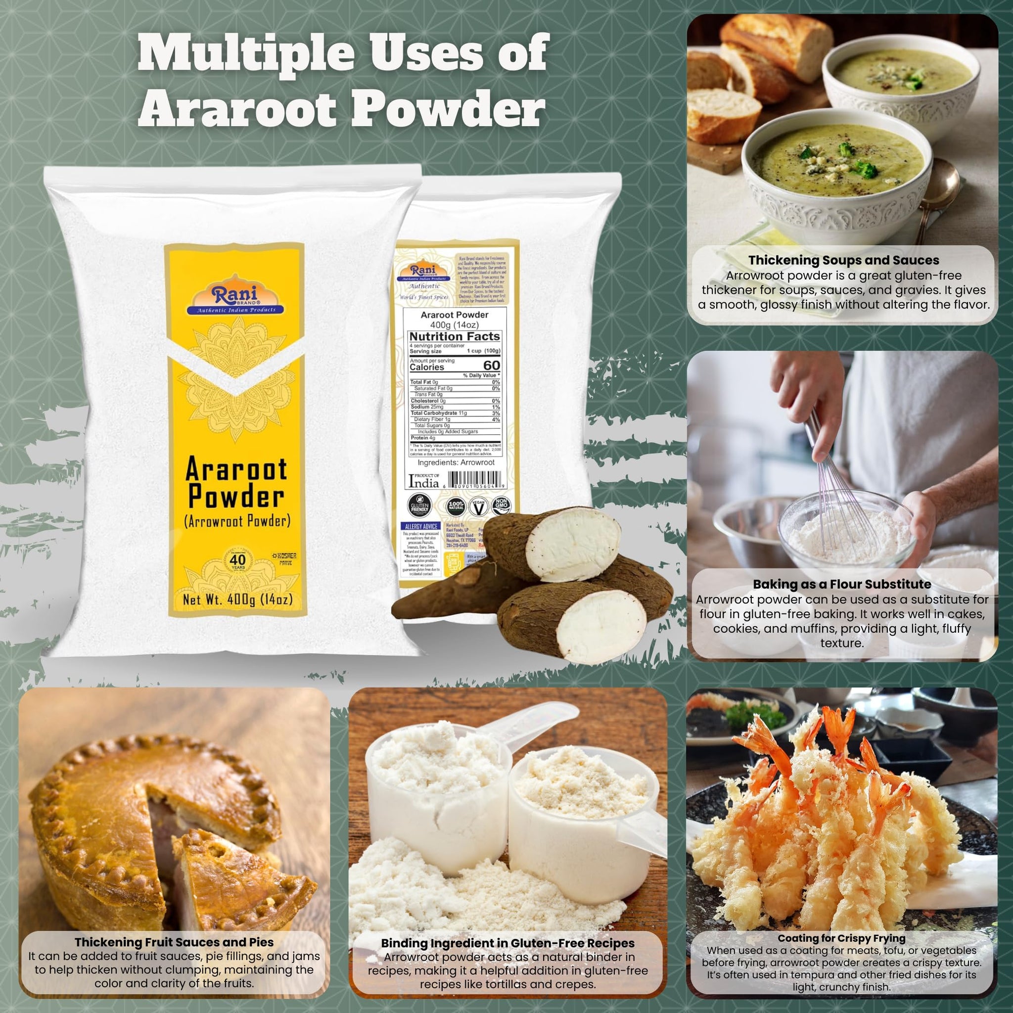 Rani Araroot (Arrowroot) Powder, Starch 14oz (400g) ~ All Natural | Gluten Friendly | No Color | Vegan | NON-GMO | Kosher | Indian Origin