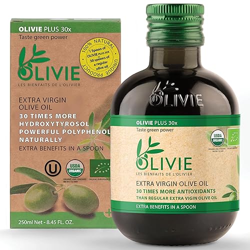 Organic High Polyphenol Extra Virgin Olive Oil, 30x More Hydroxytyrosol, Polyphenols 1250 mg/kg & Antioxidants, Research-Backed, OLIVIE PLUS 30X, Pure Cold Pressed EVOO, Heart Support, Kosher, 250ml