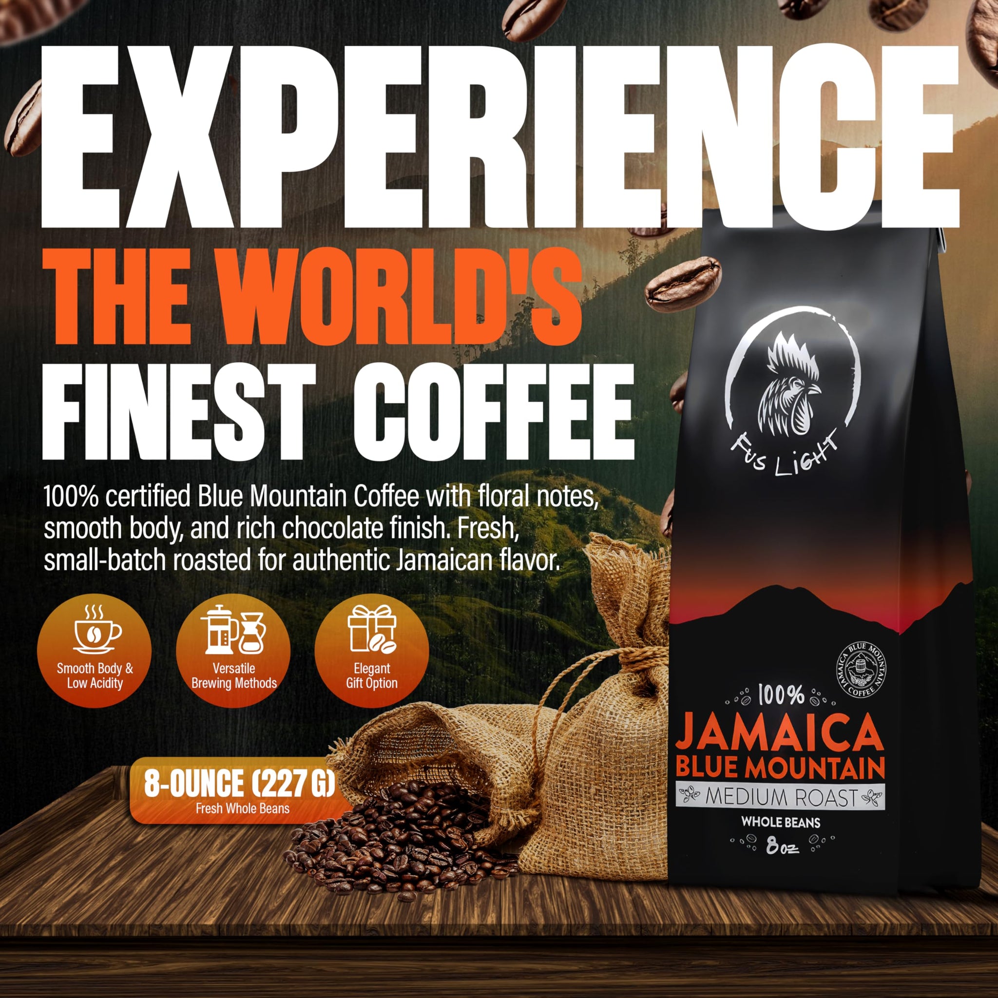 Fus Light 100% Genuine Blue Mountain Coffee from Jamaica | Medium Roast Arabica Whole Beans | Farm to Cup Control | JACRA Certified Authentic Jamaican