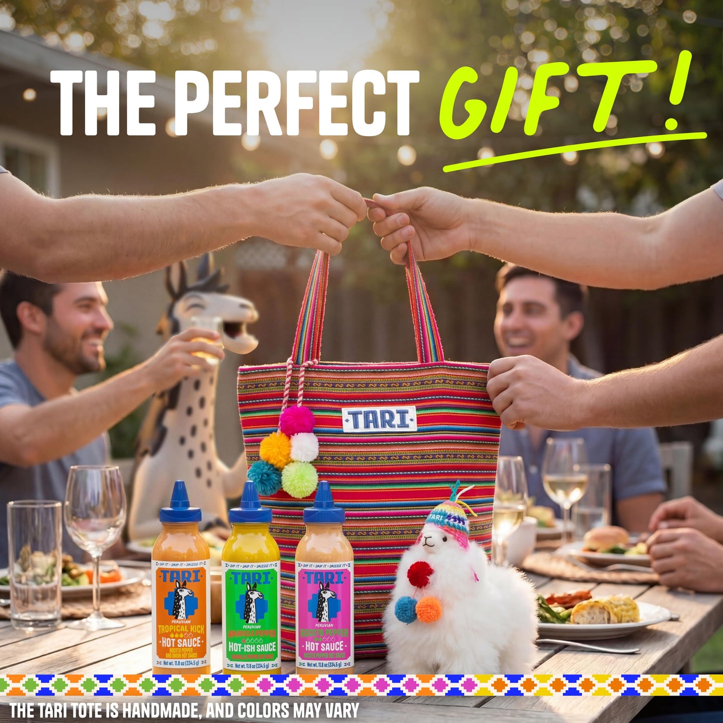 Tari Hot Sauce Llama Pack - Hot Sauce Variety Pack with Aji Rocoto, Aji Amarillo, Tropical Kick 11.8oz each - Comes with Gift Tote Bag & Llama Toy