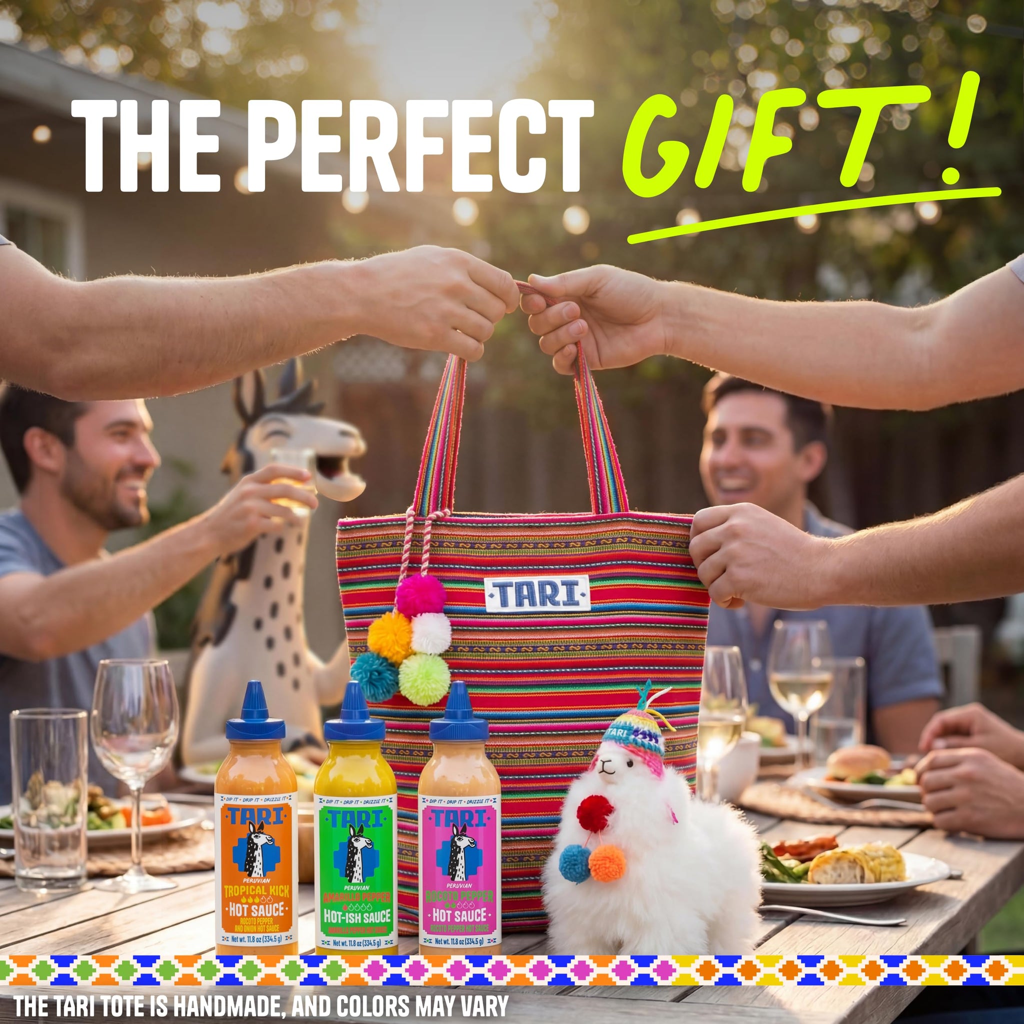 Tari Hot Sauce Llama Pack - Hot Sauce Variety Pack with Aji Rocoto, Aji Amarillo, Tropical Kick 11.8oz each - Comes with Gift Tote Bag & Llama Toy