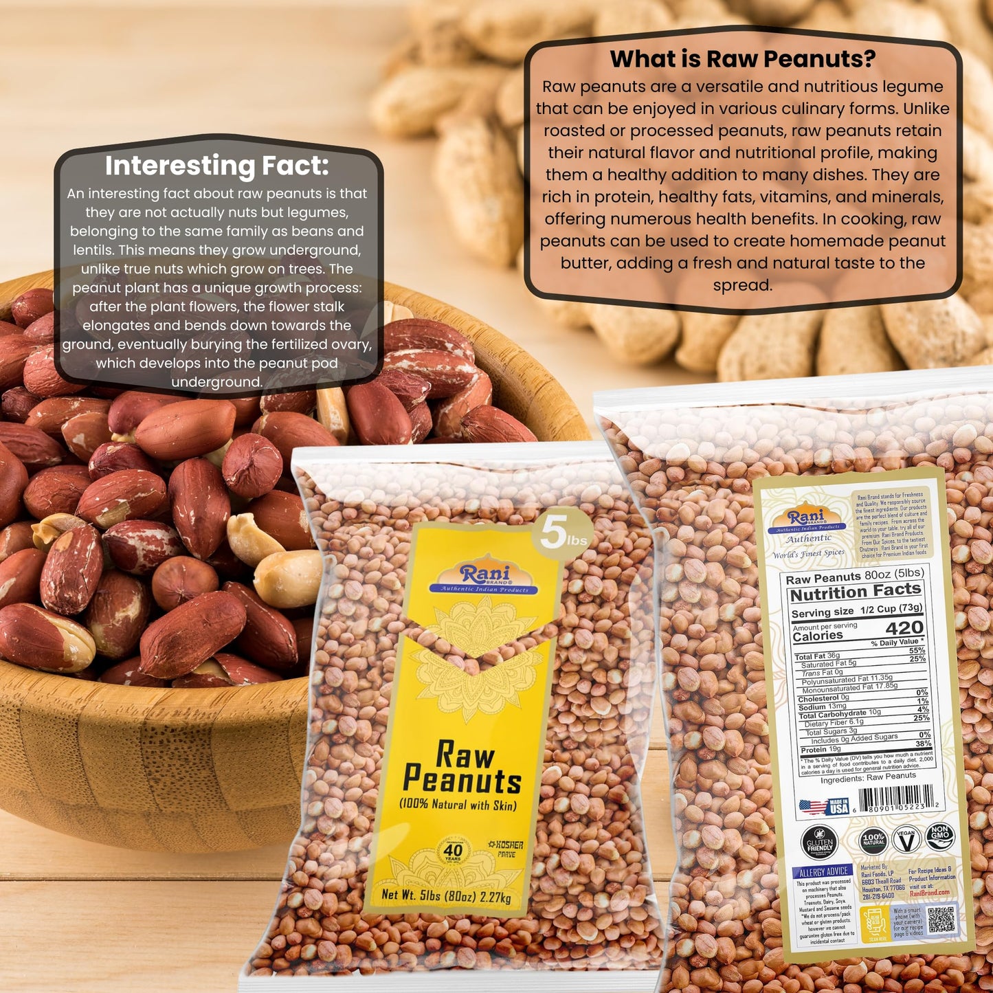 Rani Peanuts, Raw Whole With Skin (uncooked, unsalted) 80oz (5lbs) 2.27kg Bulk ~ All Natural | Vegan | Kosher | Gluten Friendly | Fresh Product of USA