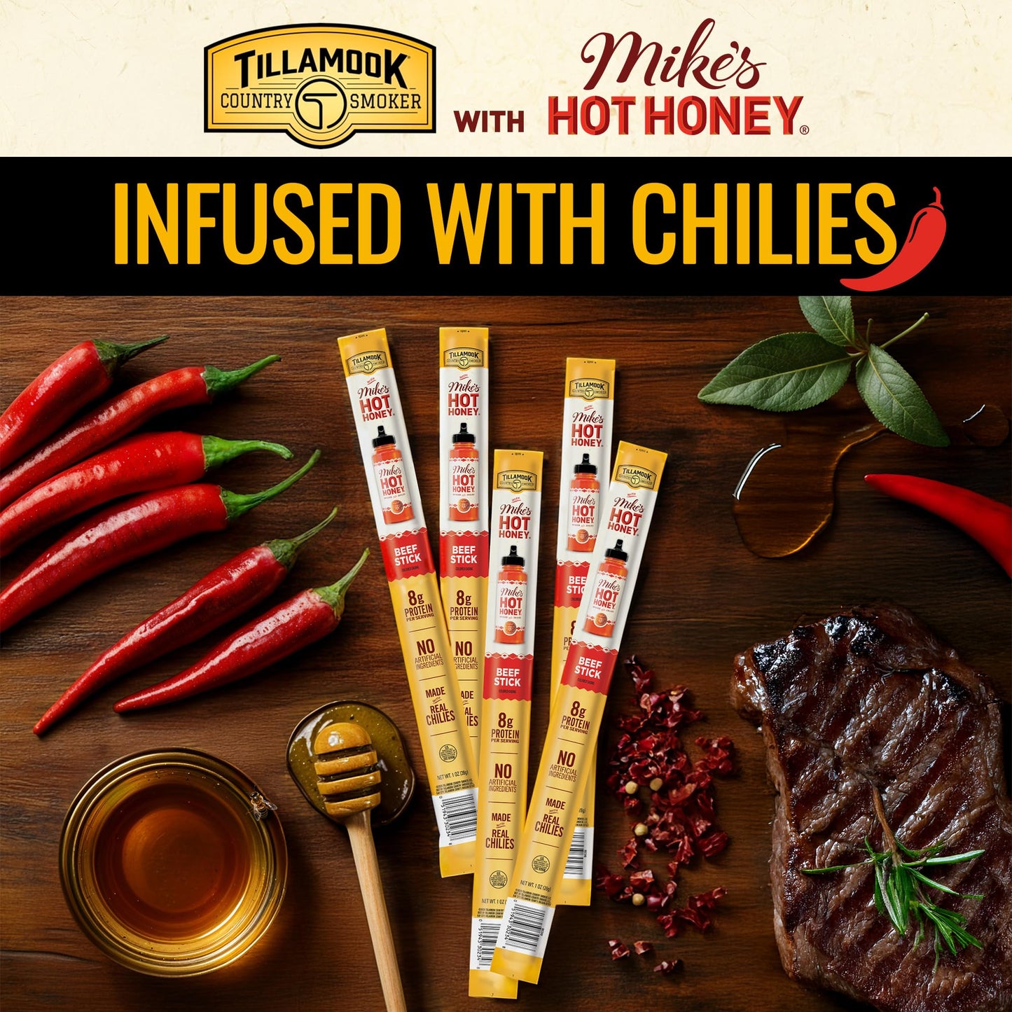 Tillamook Country Smoker Smoked Sausage, Mike's Hot Honey, 1 Ounce (8 Sticks) Real Hardwood Smoked Sausages, Low Carb, High Protein, Individually