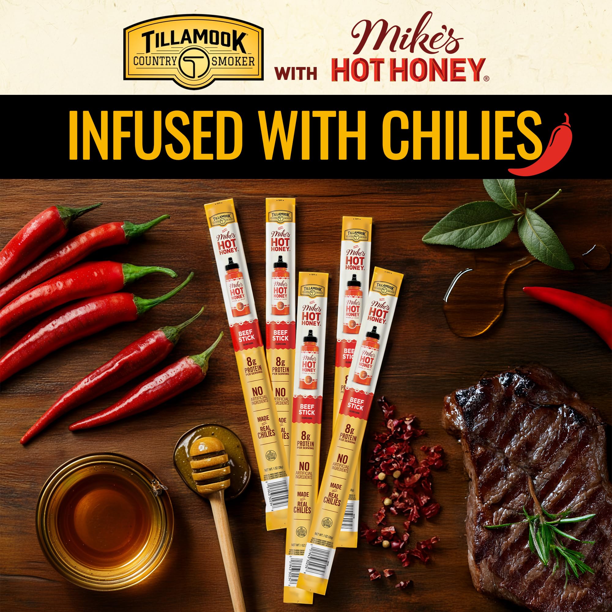 Tillamook Country Smoker Smoked Sausage, Mike's Hot Honey, 1 Ounce (8 Sticks) Real Hardwood Smoked Sausages, Low Carb, High Protein, Individually