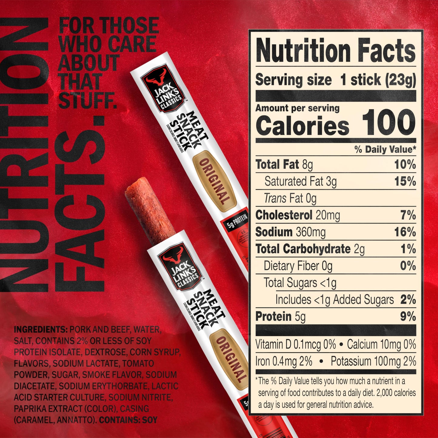 Jack Link's Classics Original Jerky Sticks - Made with Beef and Pork - Ready to Eat Real Meat Snacks - 5g Protein per Serving - (20 Count) 0.8 oz