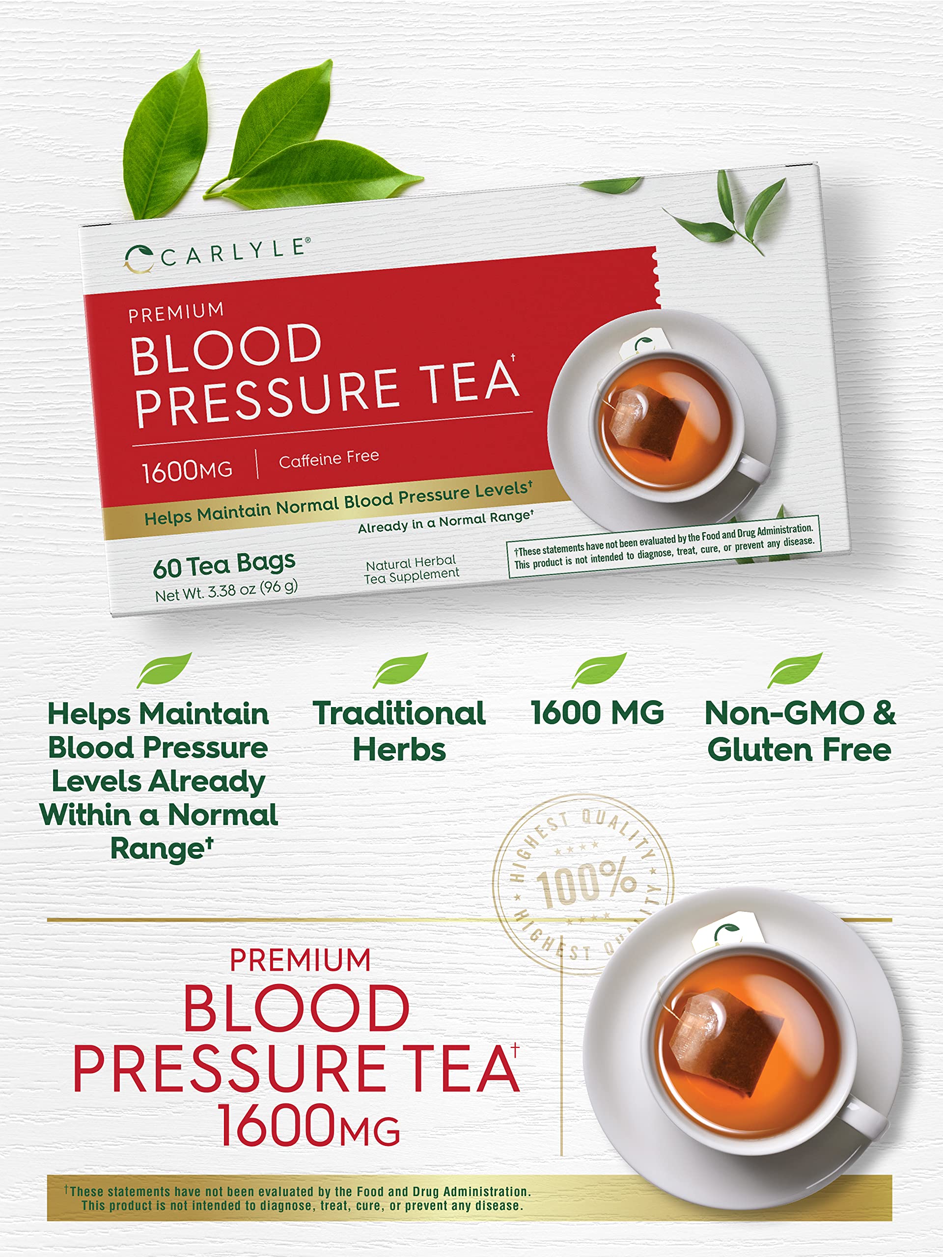 Carlyle Blood Pressure Tea Bags | 60 Count | with Hibiscus Flower | Vegetarian, Non-GMO & Gluten Free, Herbal Tea Supplement