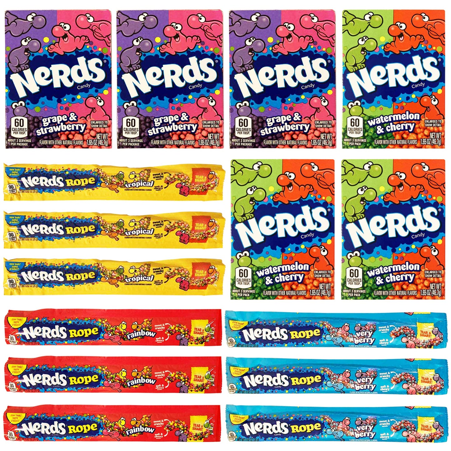 Nerds Rope Candy Crave Box - Variety Pack of 3 Very Berry, 3 Rainbow, 3 Tropical Ropes and 3 Nerd Boxes of Strawberry & Grape, 3 Packs of Watermelon