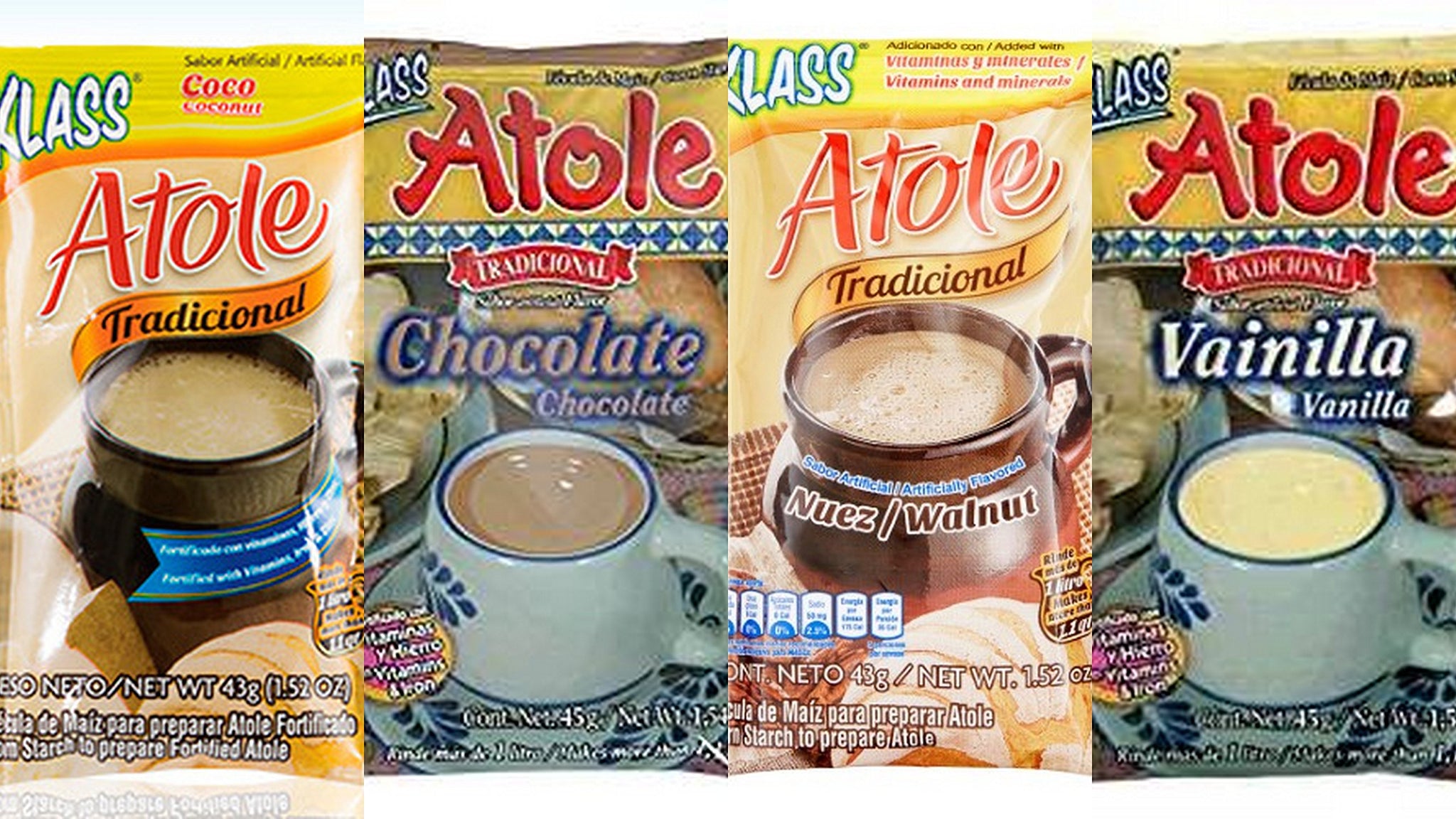 Klass Atole Variety Bundle, 1.52 oz (Pack of 6) includes 1-Pkt Chocolate + 3-Pkt Vanilla + 1-Pkt Coconut + 1-Pkt Walnut