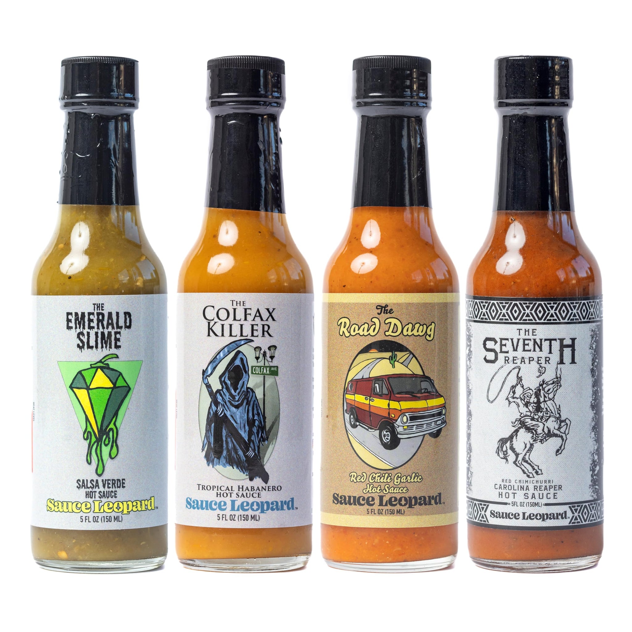 Sauce Leopard Hot Sauce Variety 4-Pack - The Emerald Slime, The Colfax Killer, The Road Dawg, The Seventh Reaper - Award-Winning Gift Set, 5 Fl Oz