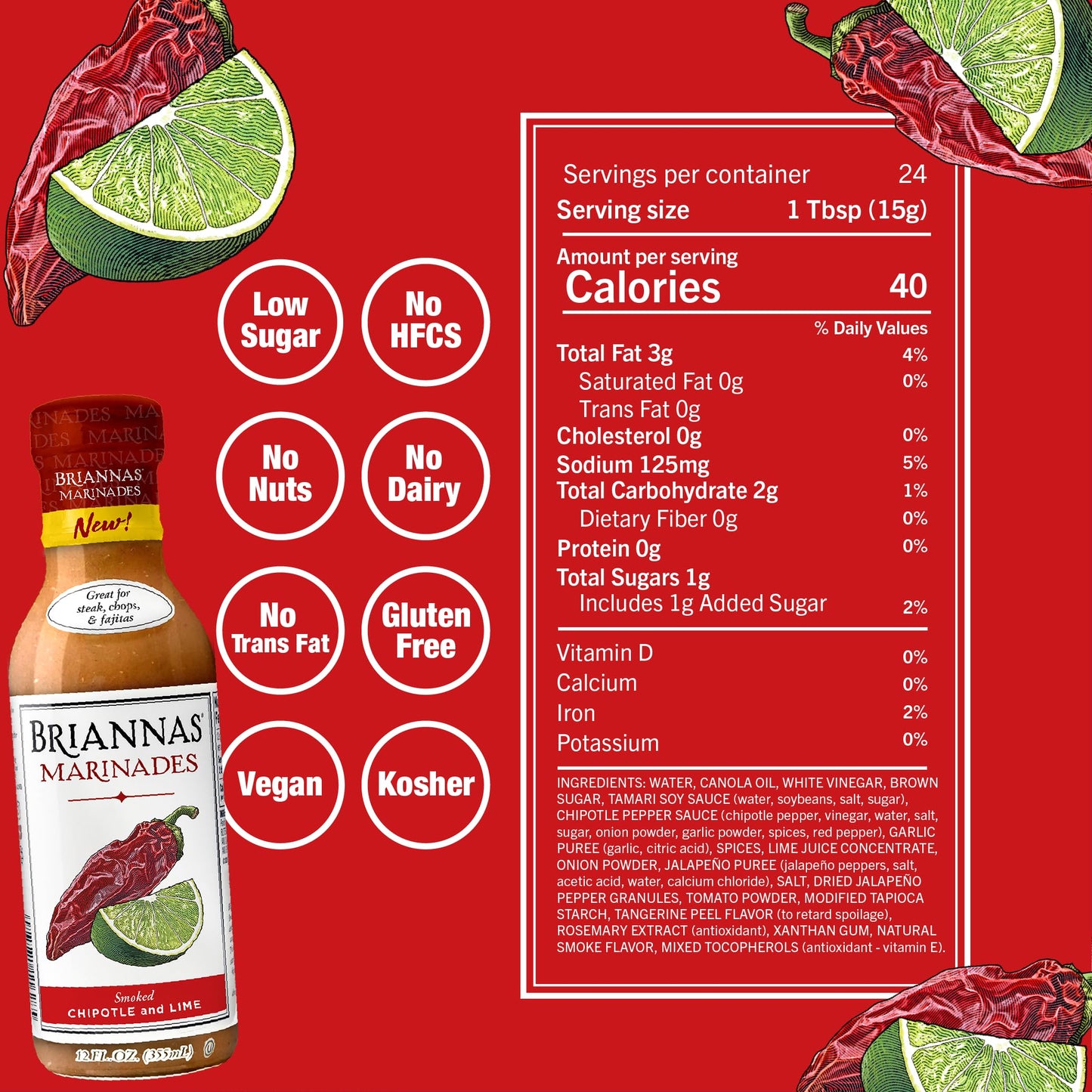 BRIANNAS - Smoked Chipotle and Lime Marinade - Small Batch, Gluten Free, Vegan Marinade made with Premium Ingredients - 12 oz. Bottle