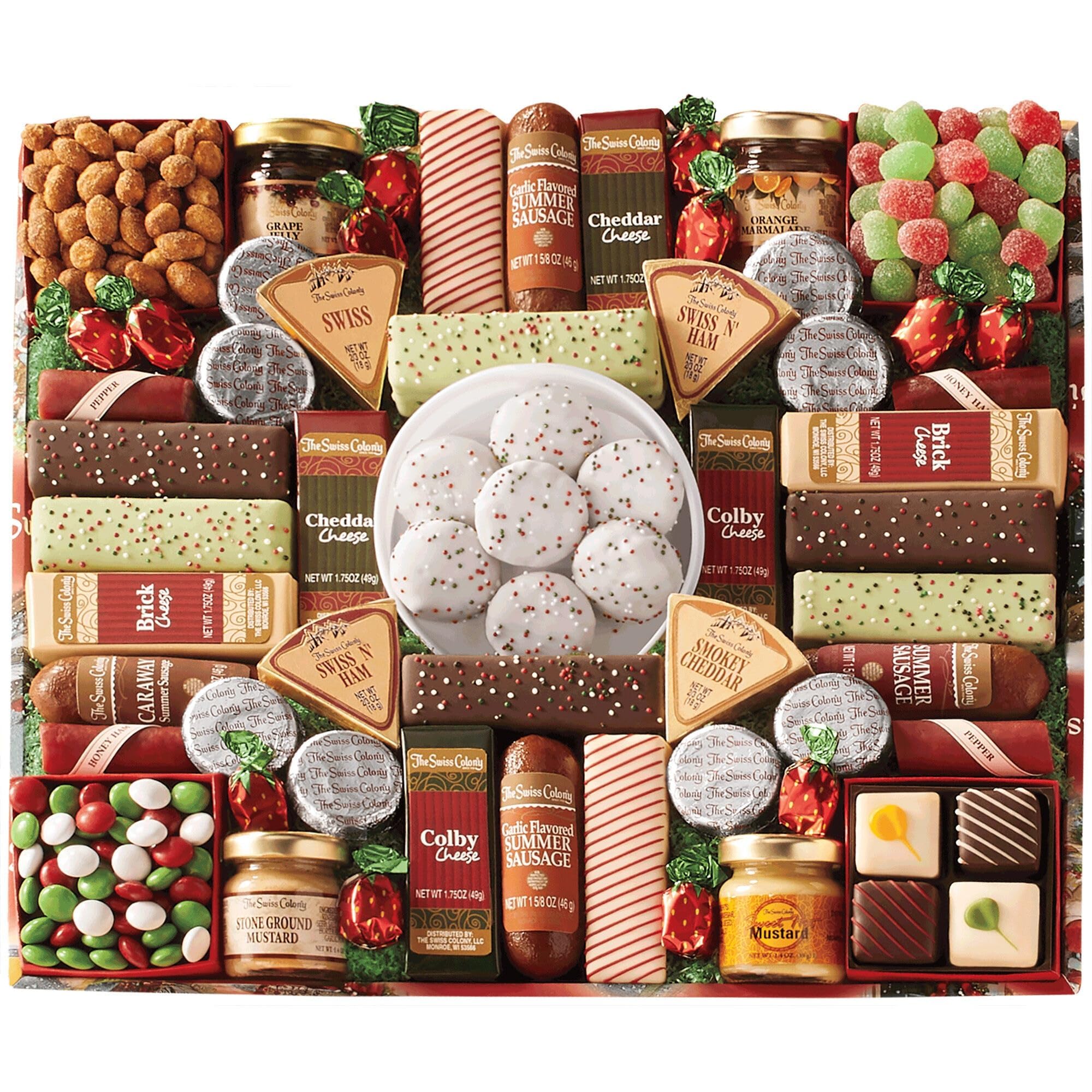2 Holiday Gift Boxes - The Swiss Colony 43 Season Pleasers - Assorted Summer Sausage Meats, Mini Meat Sticks, Cheese Bricks and Wedges, Candies