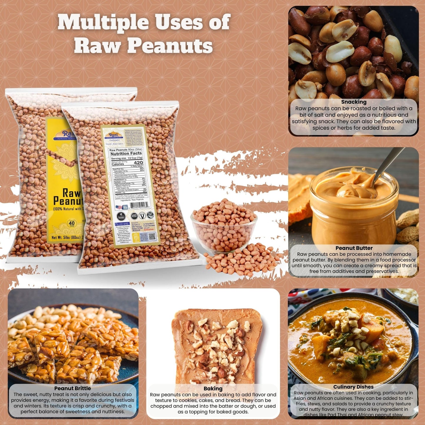 Rani Peanuts, Raw Whole With Skin (uncooked, unsalted) 80oz (5lbs) 2.27kg Bulk ~ All Natural | Vegan | Kosher | Gluten Friendly | Fresh Product of USA