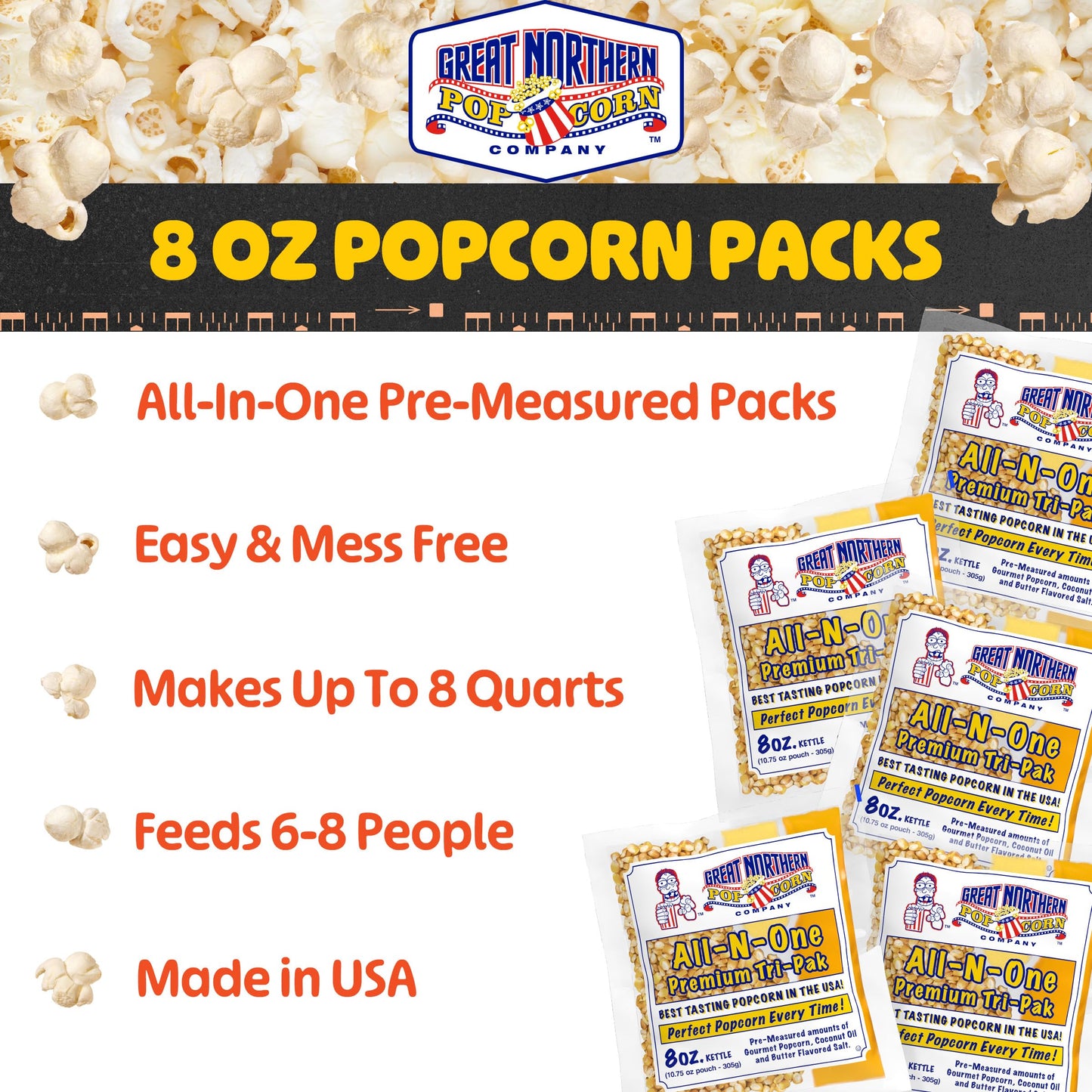 Movie Theater Style 12-Count Popcorn Packs - Pre-Measured 8-Ounce All-in-One Kernel, Salt, Oil Packets for Popping Machines by Great Northern Popcorn