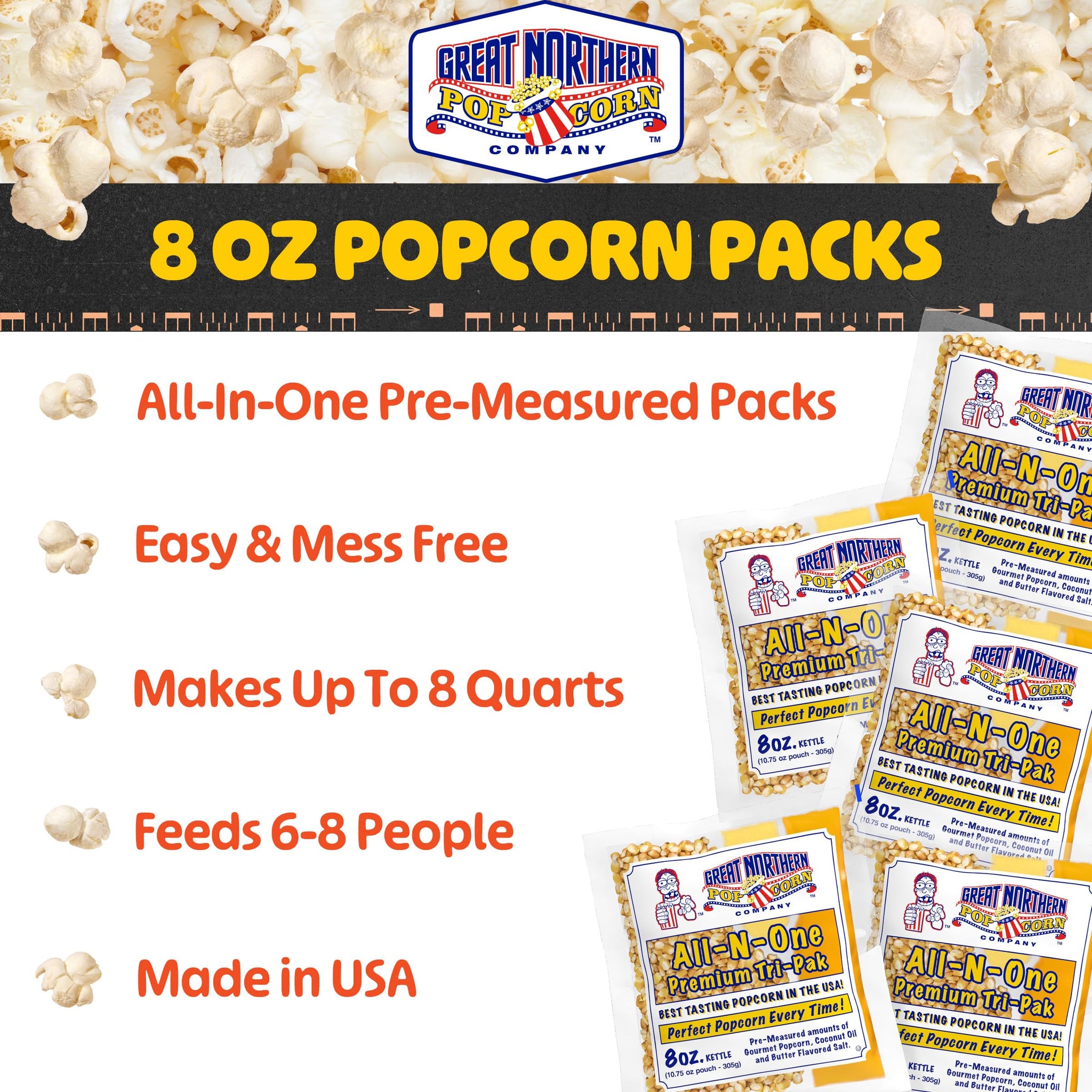 Movie Theater Style 12-Count Popcorn Packs - Pre-Measured 8-Ounce All-in-One Kernel, Salt, Oil Packets for Popping Machines by Great Northern Popcorn