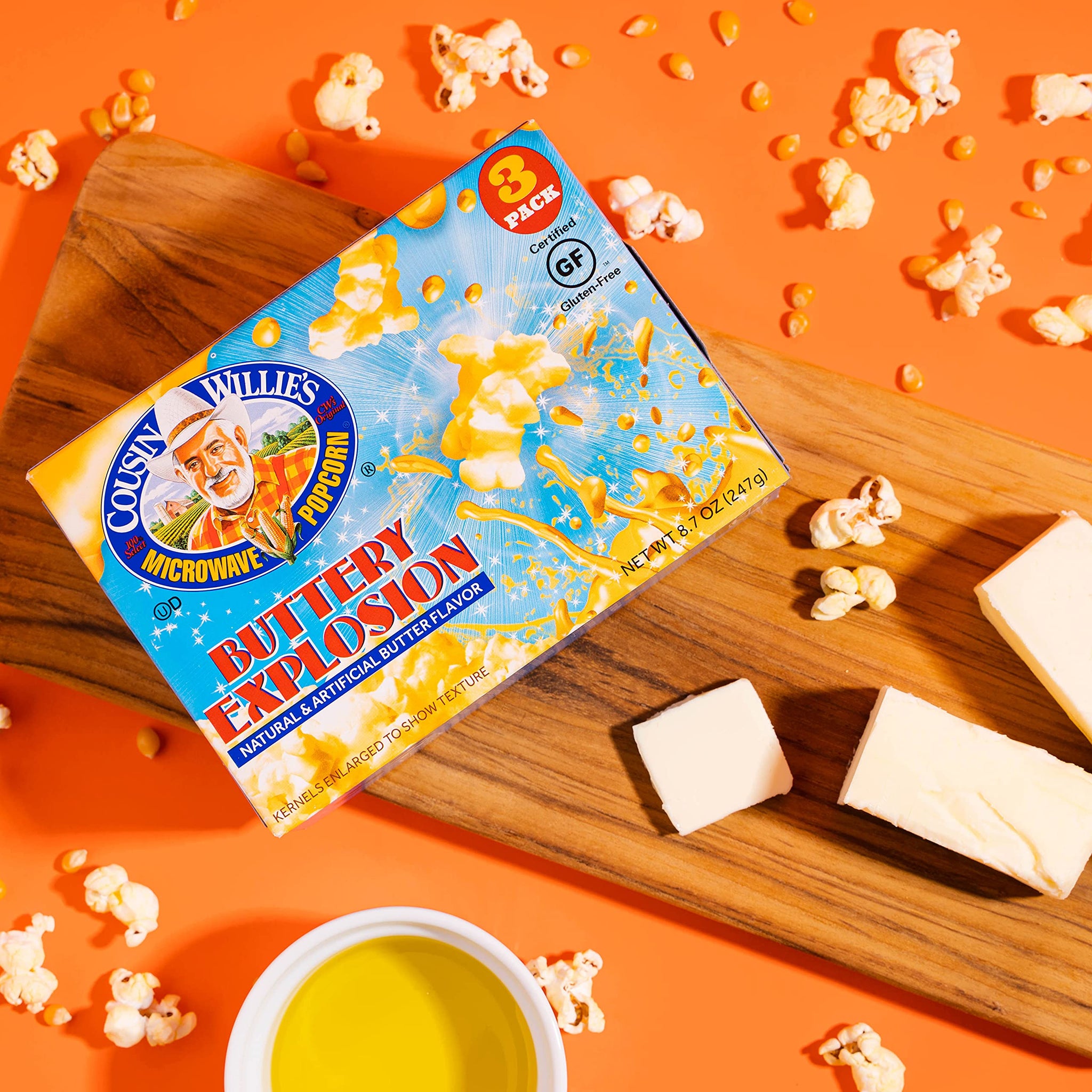 Cousin Willie's Microwave Popcorn Bags, Buttery Explosion (4 Boxes, 12 Bags), Gourmet Popcorn Boxes for Party, Whole Grain Popcorn, Gluten Free, Low