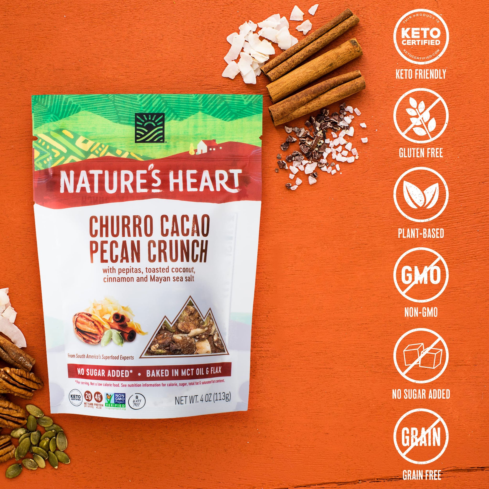 Nature’s Heart | Healthy Mixed Nuts Snack | Keto, Gluten Free, Vegan, Low Carb, Paleo | Ethically Sourced | Churro Cacao Pecan Crunch (Pack of 3)