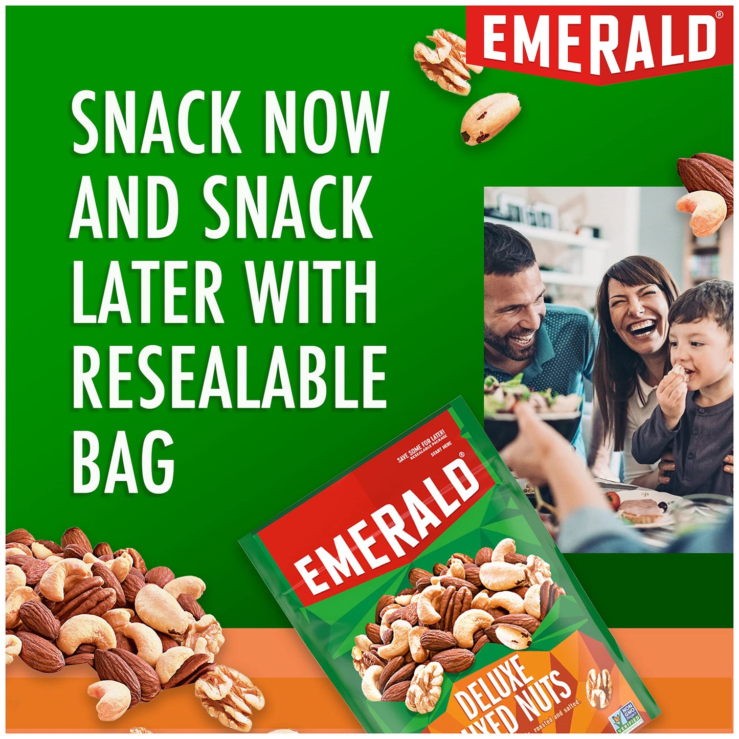 Emerald Salted Deluxe Mixed Nuts (1-Pack) | 5oz Resealable Bulk Bag | Cashews, Almonds, Walnuts, Brazil Nuts, Pecans | Plant-Based Protein | No