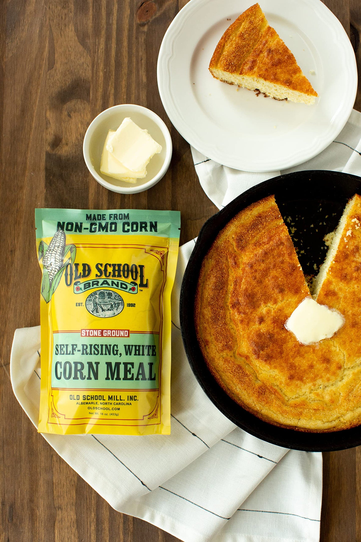 Old School Brand™ Stone Ground Self-Rising White Cornmeal | 16 Ounce Bag, Non-GMO North Carolina White Corn, Southern Style Baking