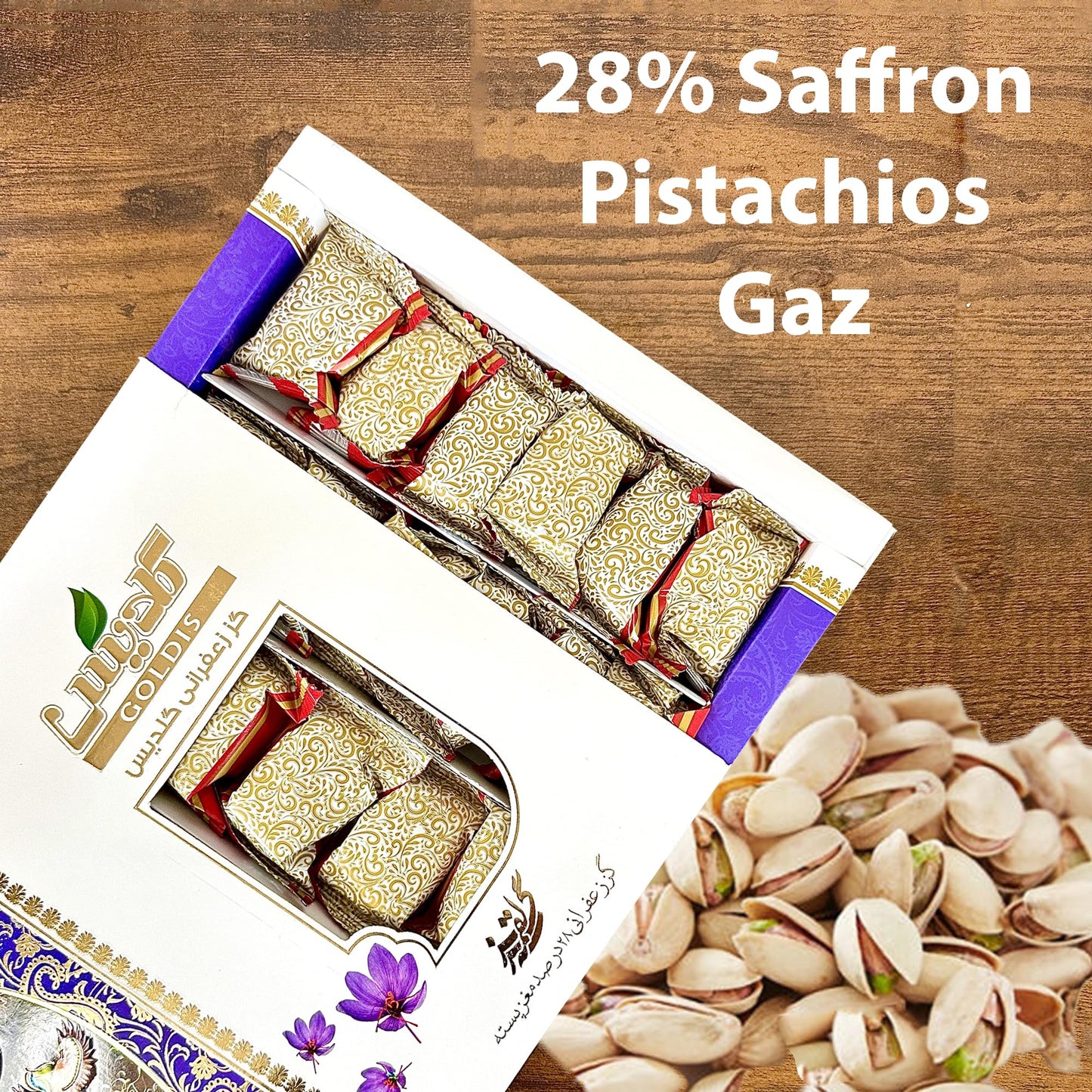GOALDEES Nougat Gaz - Traditional Sweet with 28% Saffron Pistachios, Halal Candy, Soft & Chewy Natural Treat, 350g