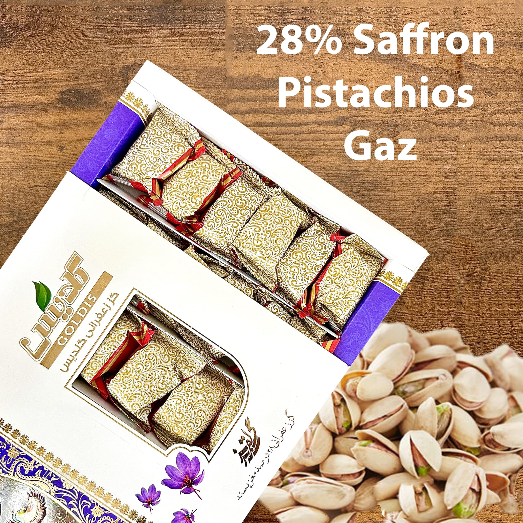 GOALDEES Nougat Gaz - Traditional Sweet with 28% Saffron Pistachios, Halal Candy, Soft & Chewy Natural Treat, 350g