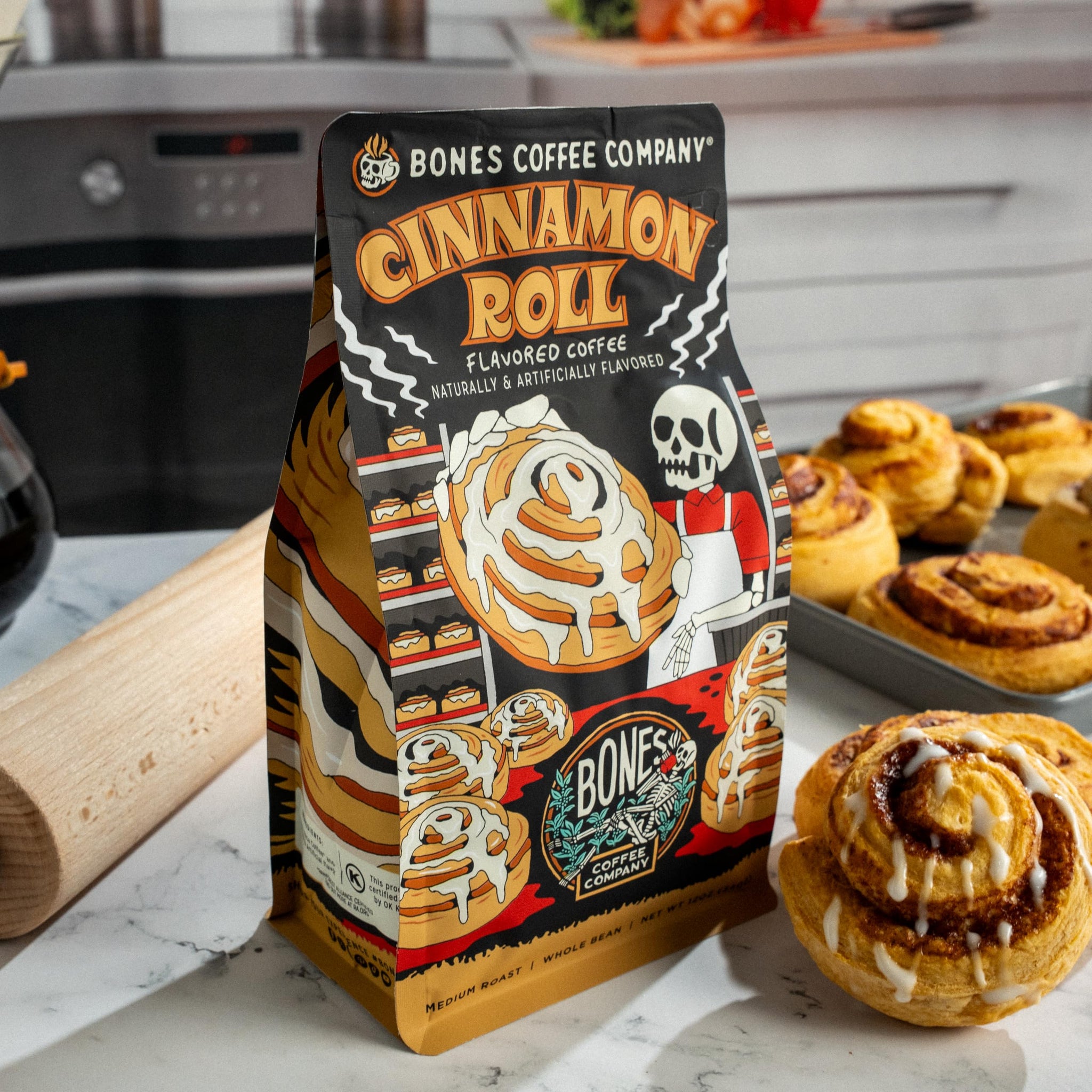 Bones Coffee Company Cinnamon Roll Flavored Coffee, Medium Roast Low Acid Arabica Beans Compatible with Auto drip and French Press Coffee Maker, 12 Oz