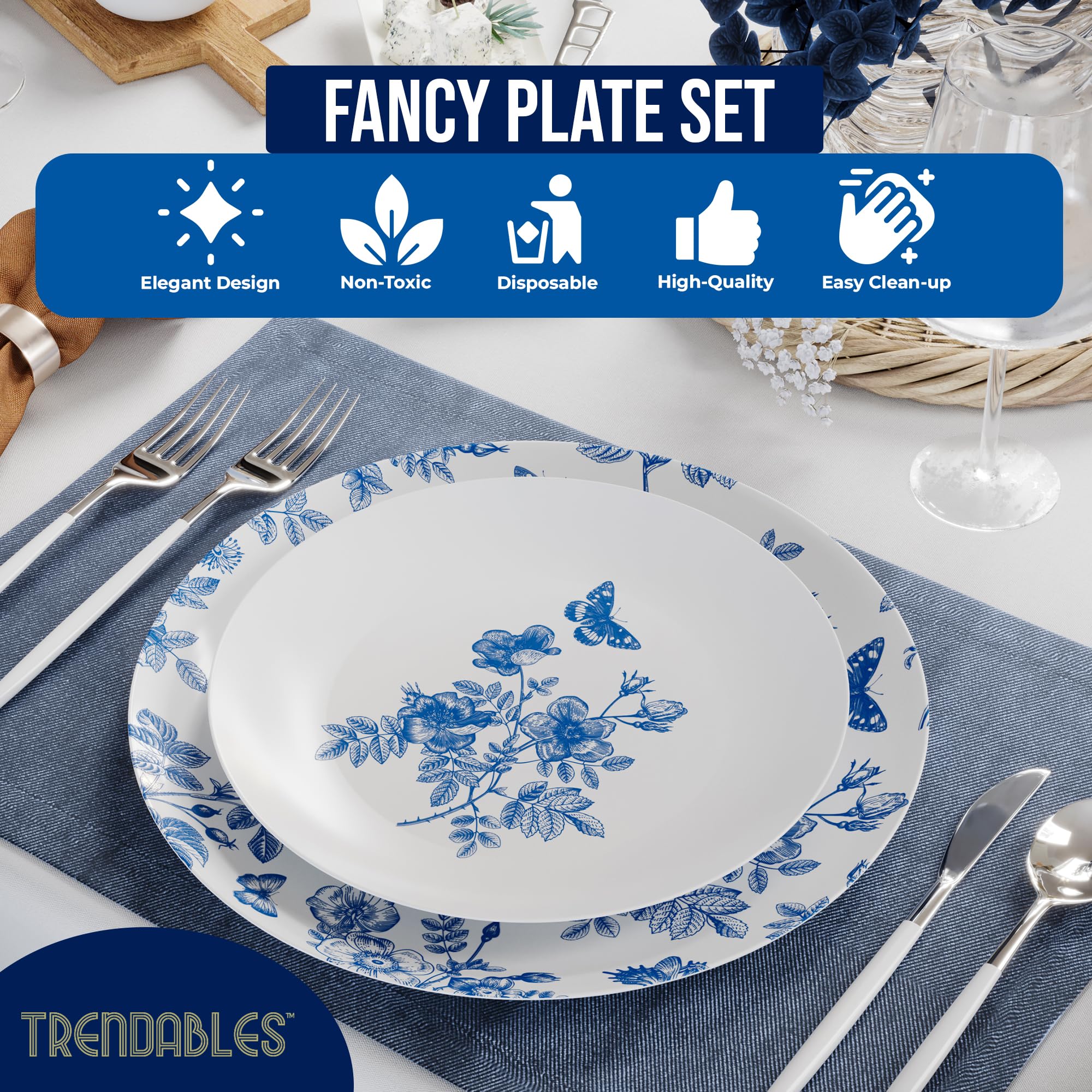 Trendables Disposable Plates For Party Supplies | Blue Floral Plastic Plates For Wedding 40 Pcs - 20 X 8 & 20 X 10 Dinner Plate Sets | Floral Plate