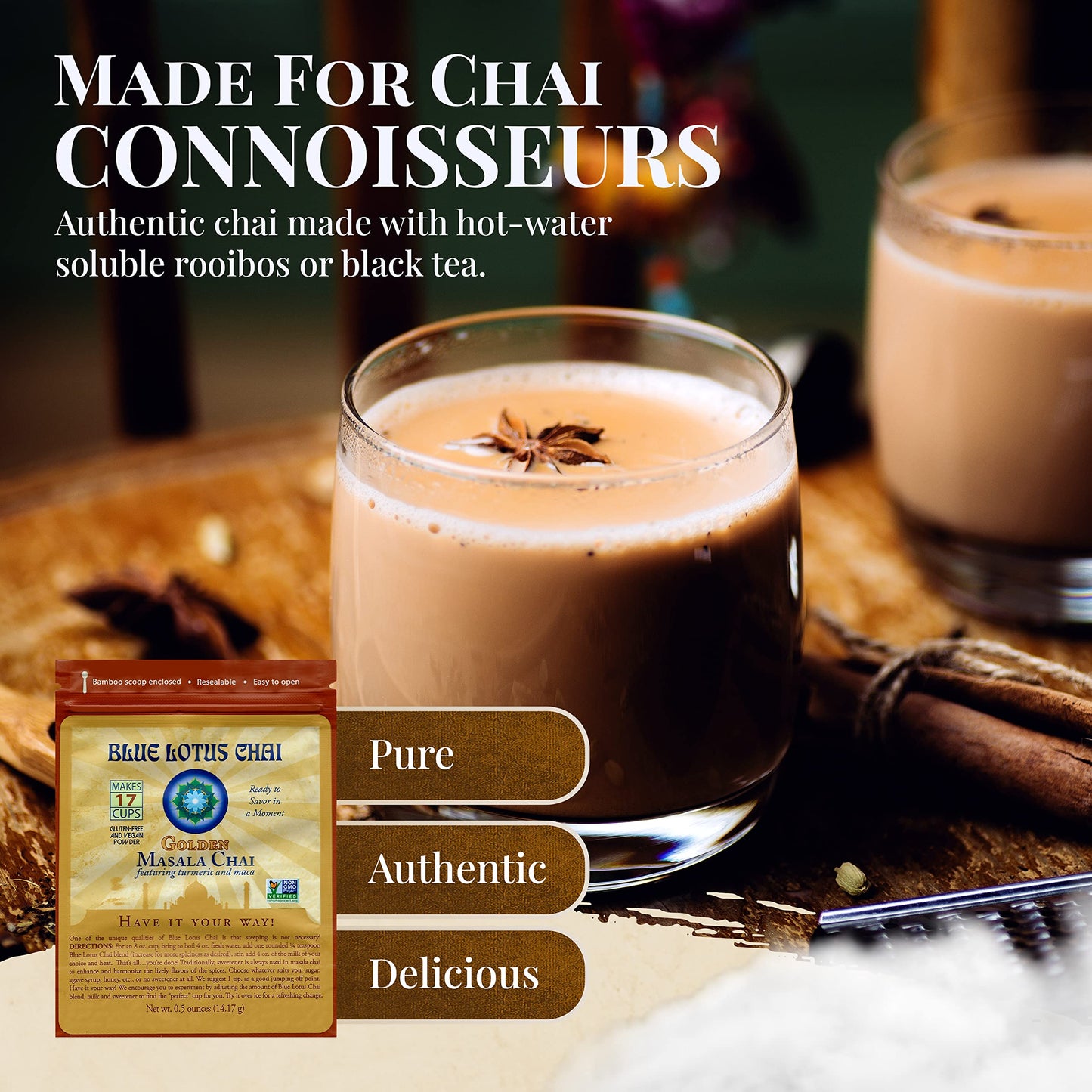 Blue Lotus Chai - Golden Masala Flavor Chai - Makes 17 Cups - 0.5 Ounce Masala Spiced Chai Powder with Organic Spices - Instant Indian Tea No Steeping