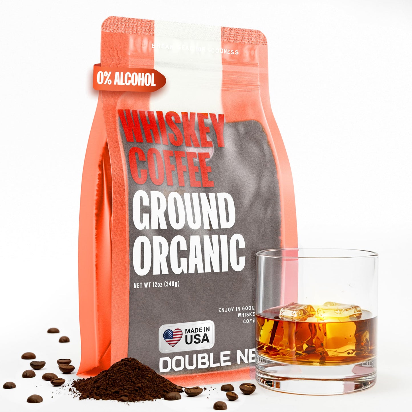 Double Neat Whiskey Coffee Organic - Enough for 30+ Cups - Bourbon Barrel Aged Ground Coffee - Premium Small-Batch Medium Roasted - Cool Coffee Gifts