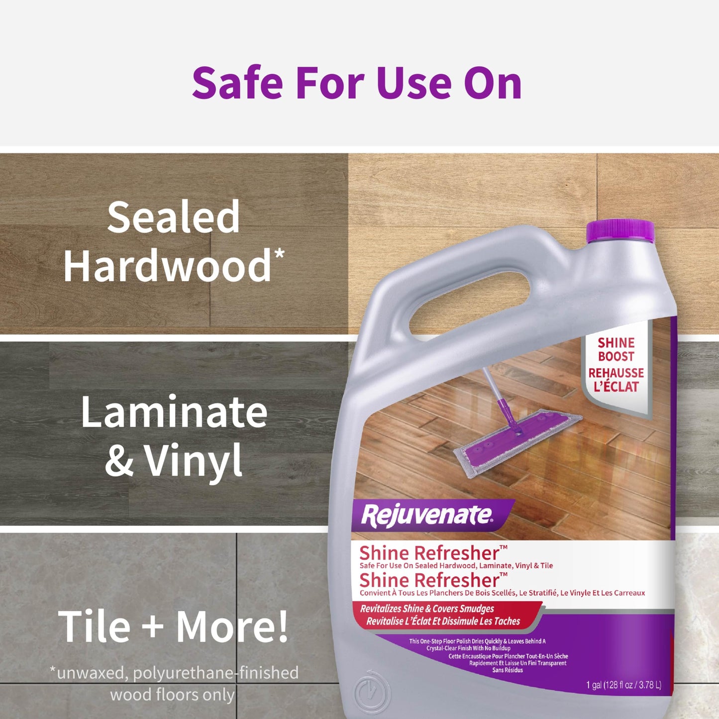 Rejuvenate Shine Refresher Floor Polish Covers Smudges, Protects And Boosts Shine On Sealed Hardwood, Laminate, Vinyl And Tile, 1 Gallon