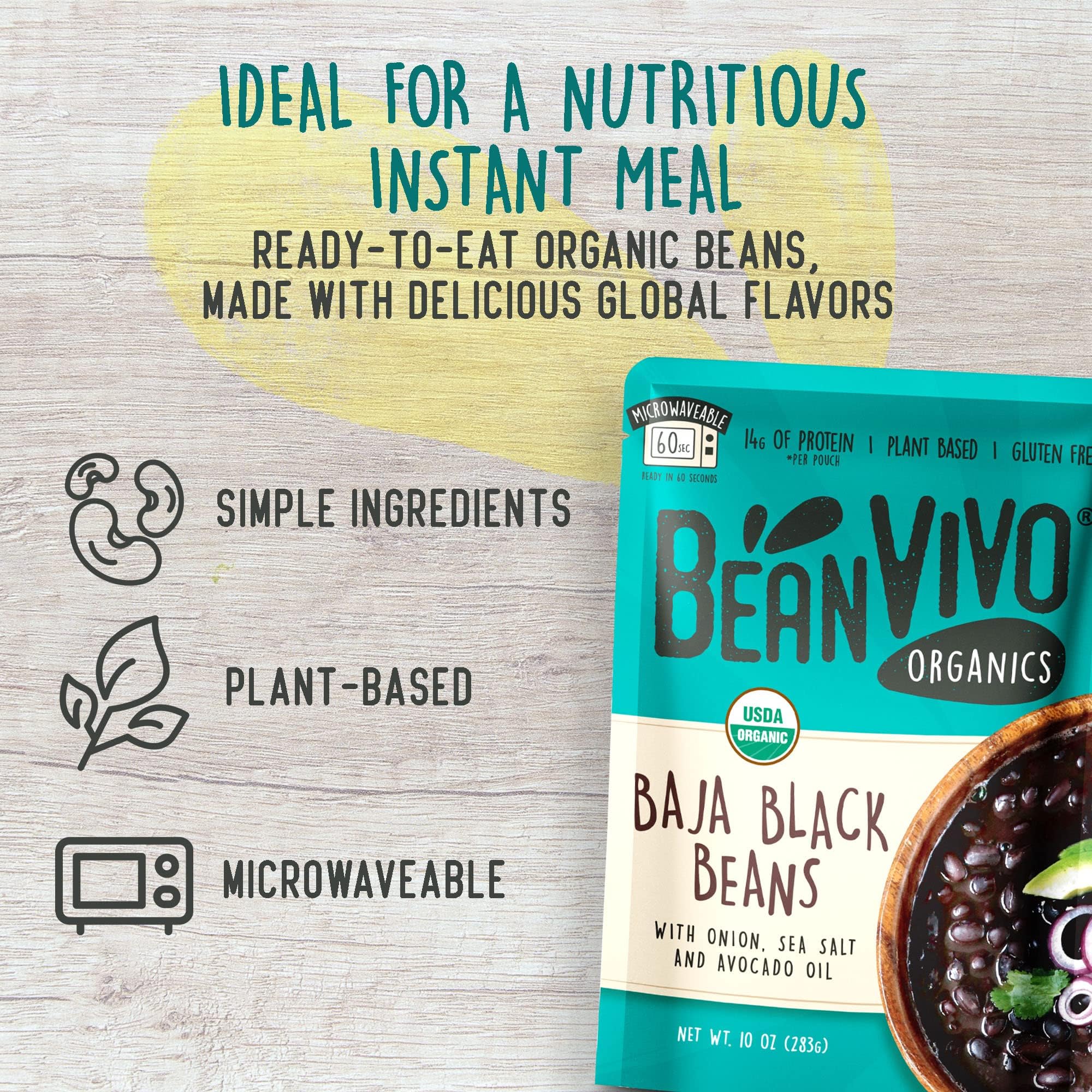 BeanVIVO (Pack of 6) Organics 14g Plant based Protein Baja Black Beans - Good Source of Fiber - Nutritious & Microwave Meals - Gluten-Free Plant Food