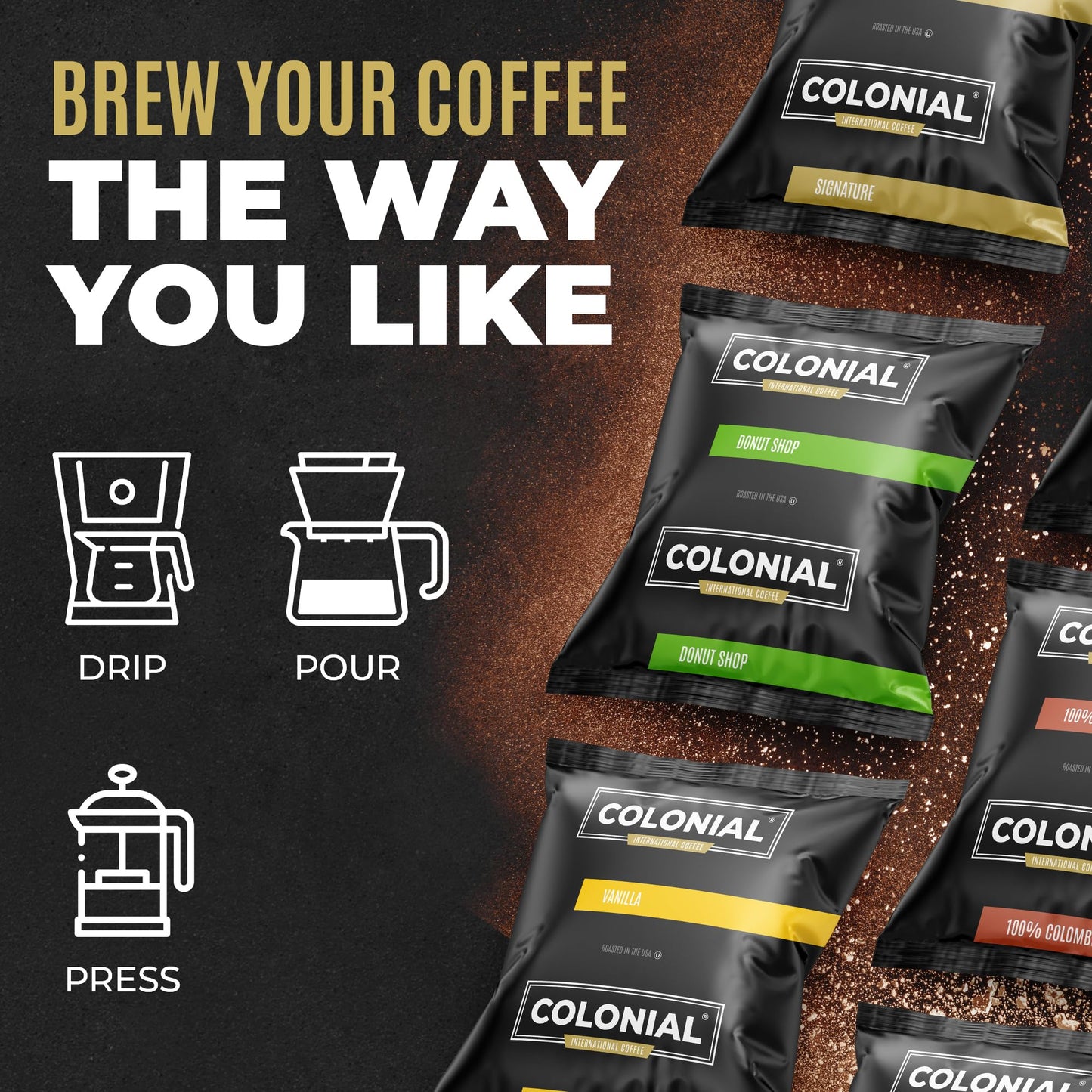 Colonial Coffee 32 Count Single Pot Coffee Packets - Assorted Variety Pack with Medium, Dark, & Decaf Roast Blends | Pre-Measured Frac Packs for 12