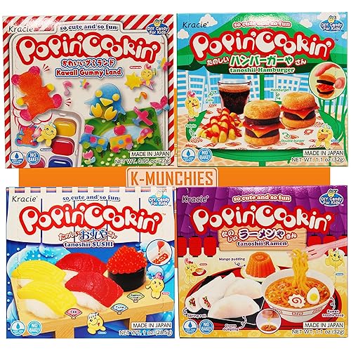 K-Munchies Kracie Popin Cookin Kits - 4 Pack Assorted Japanese Candy Making Kit Bundle - DIY Ramen, Hamburger, Gummi Land, Sushi Candy Poppin Cookin