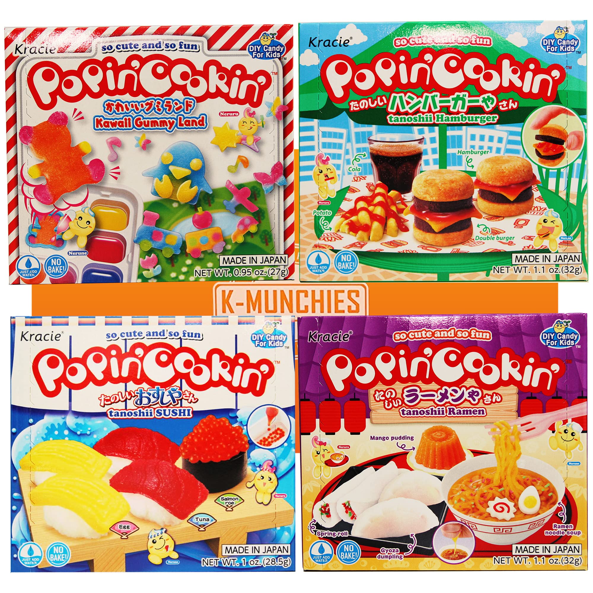 K-Munchies Kracie Popin Cookin Kits - 4 Pack Assorted Japanese Candy Making Kit Bundle - DIY Ramen, Hamburger, Gummi Land, Sushi Candy Poppin Cookin