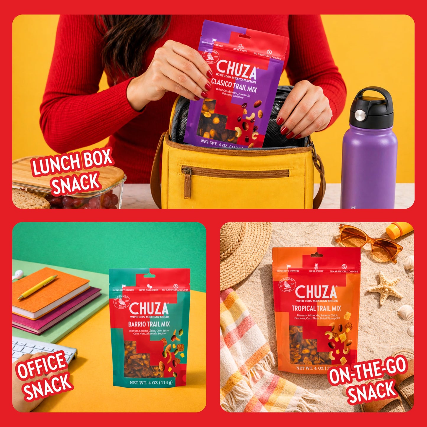 CHUZA Spicy Trail Mix Variety Pack (Barrio + Tropical + Clasico, 4 oz. Pack of 3) - Mexican Snacks Style Sweet Chili Nuts & Dried Fruit, Spicy Nuts