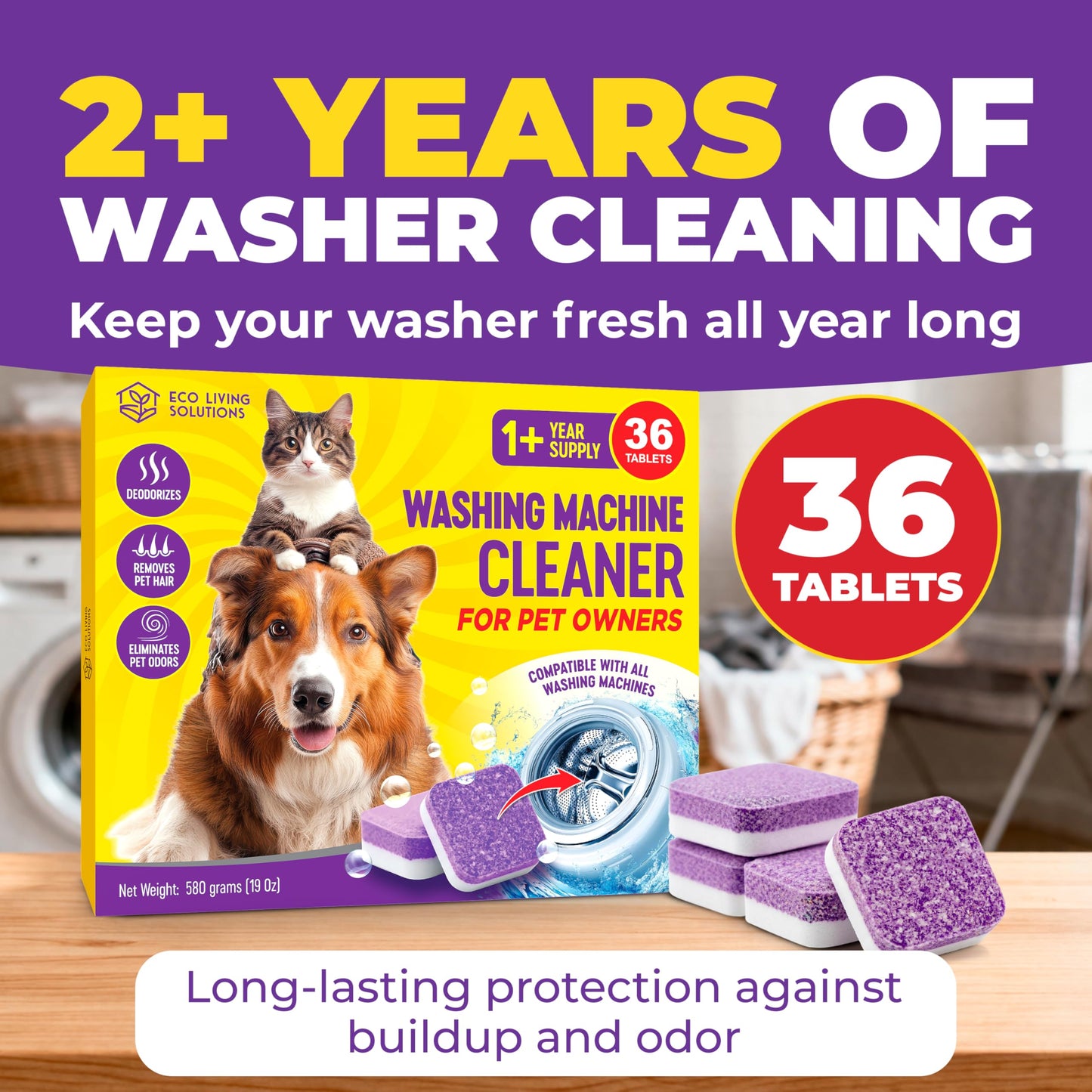 ECO LIVING SOLUTIONS Washing Machine Cleaner Tablets for Pet Owners, 36 Pack, Front&Top Load Washer Deep Cleaning, HE & Septic Tank Safe, Remove Pet