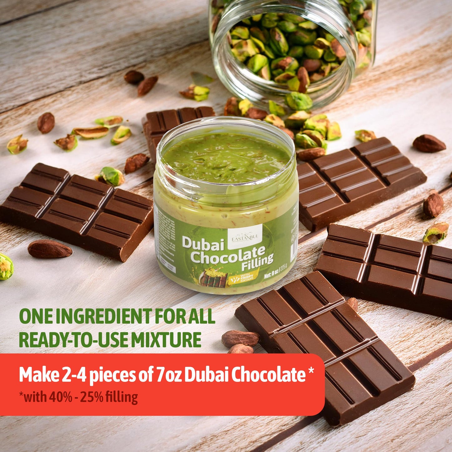 Eastanbul Dubai Chocolate Bar Mixture, 8oz, Dubai Chocolate Bar Pistachio Filling, Crispy Premium Kataifi and Pistachio Cream, Single Ingredient